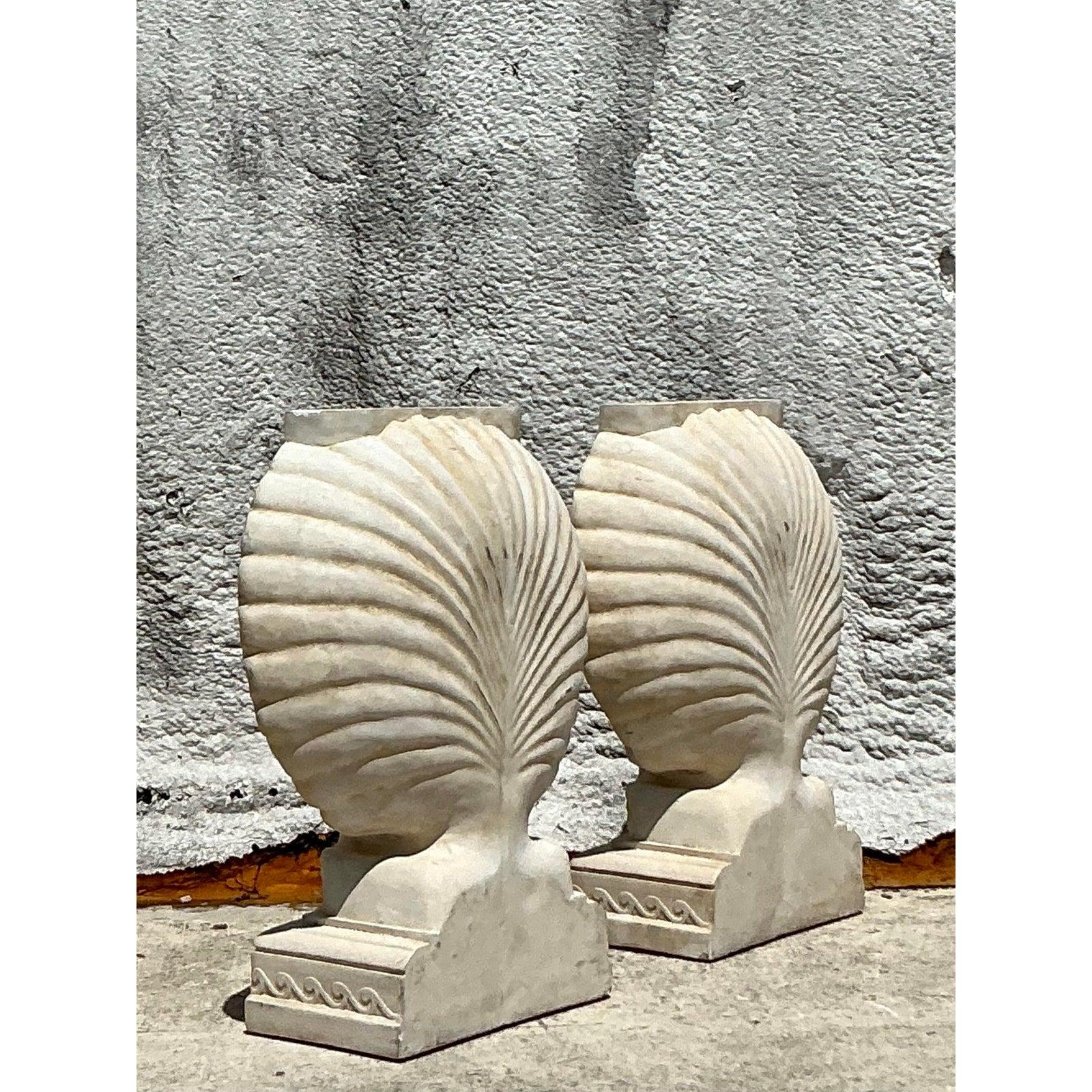 American Vintage Boho Plaster Clamshell Dining Table Pedestals - A Pair
