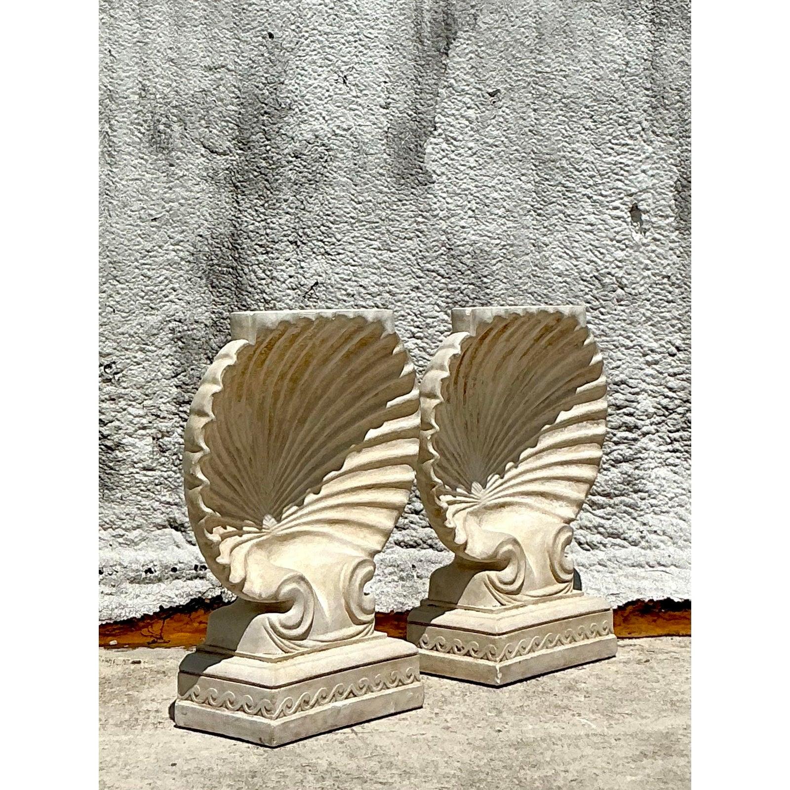 Vintage Boho Plaster Clamshell Dining Table Pedestals - A Pair In Good Condition In West Palm Beach, FL