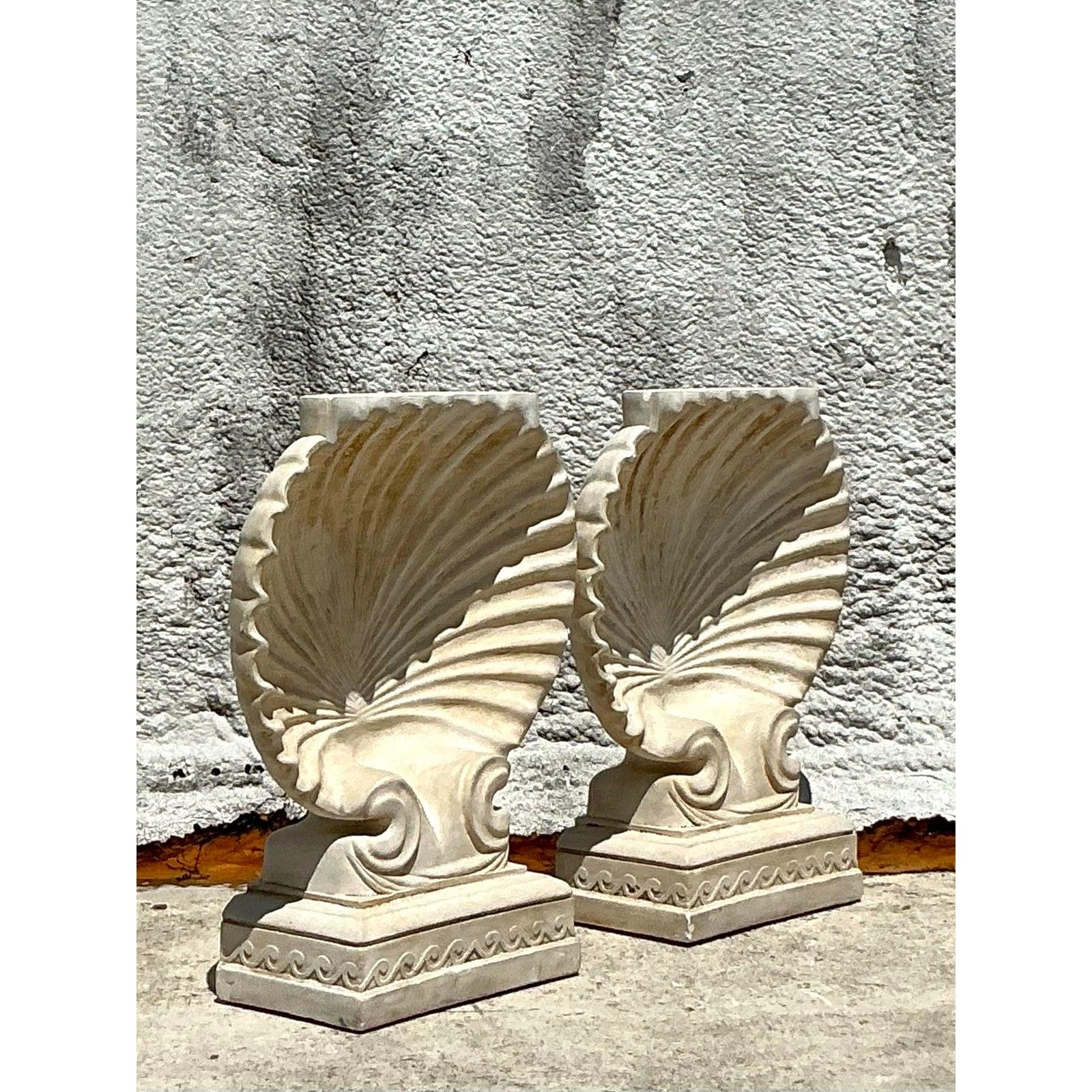 20th Century Vintage Boho Plaster Clamshell Dining Table Pedestals - A Pair