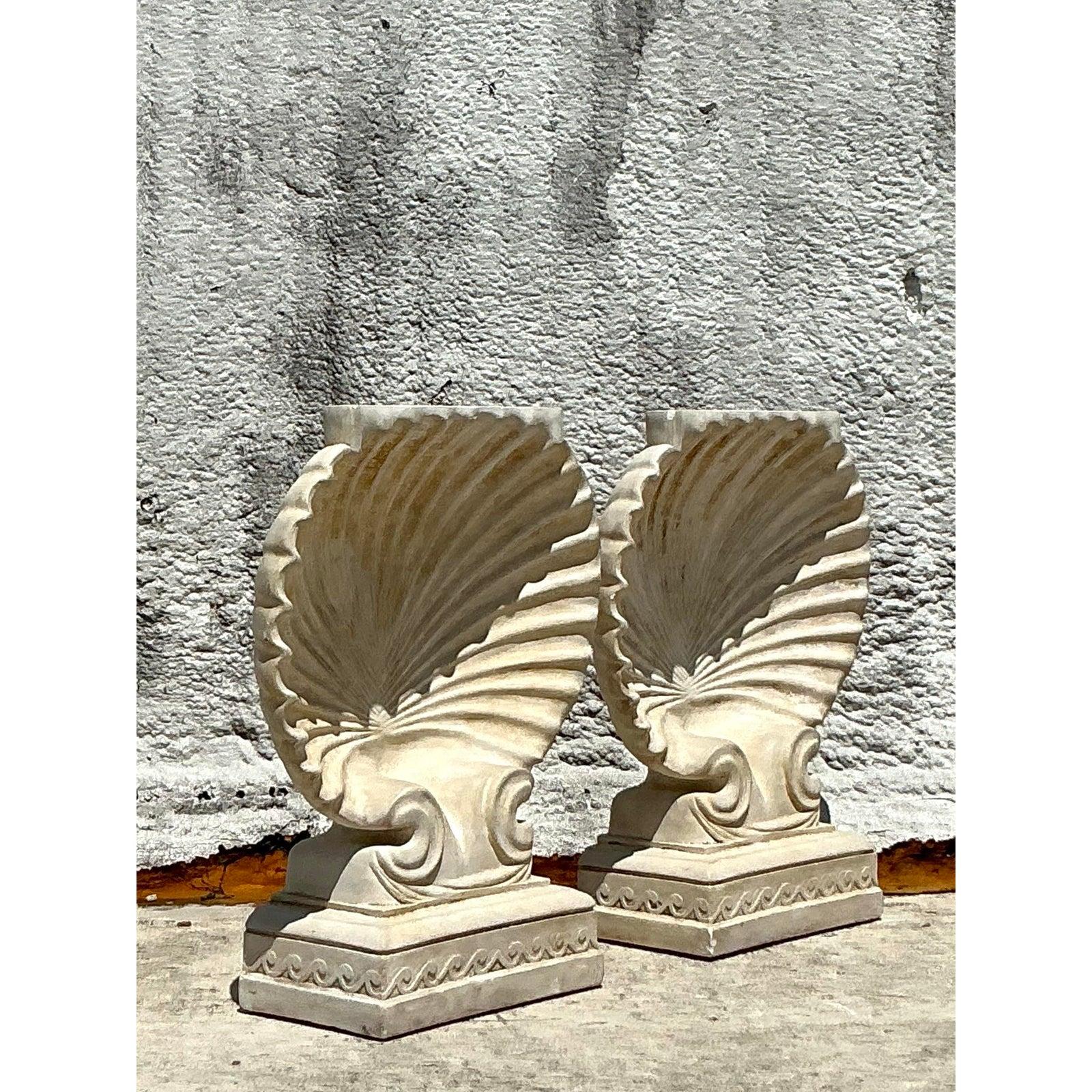 Vintage Boho Plaster Clamshell Dining Table Pedestals - A Pair 1