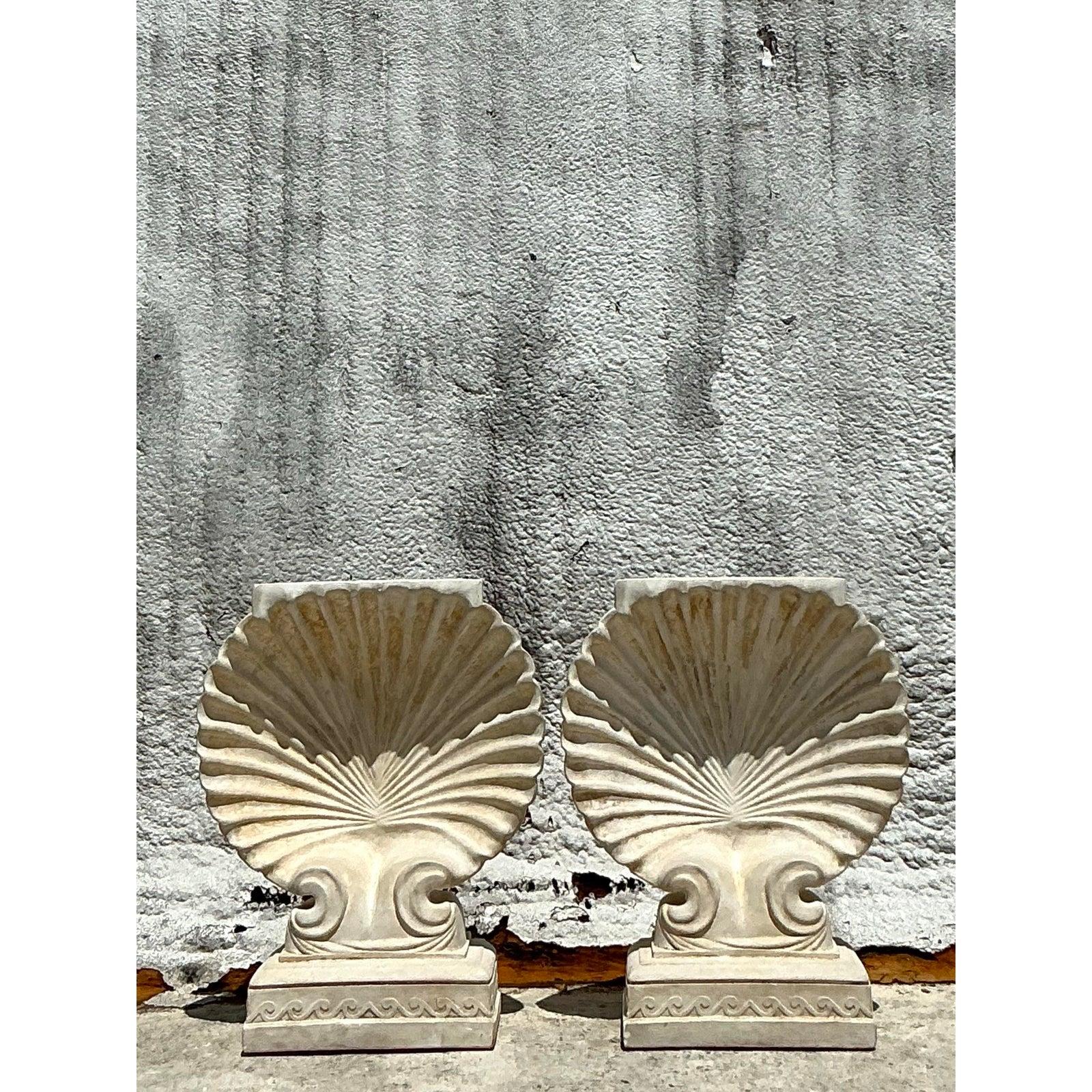 Vintage Boho Plaster Clamshell Dining Table Pedestals - A Pair 2