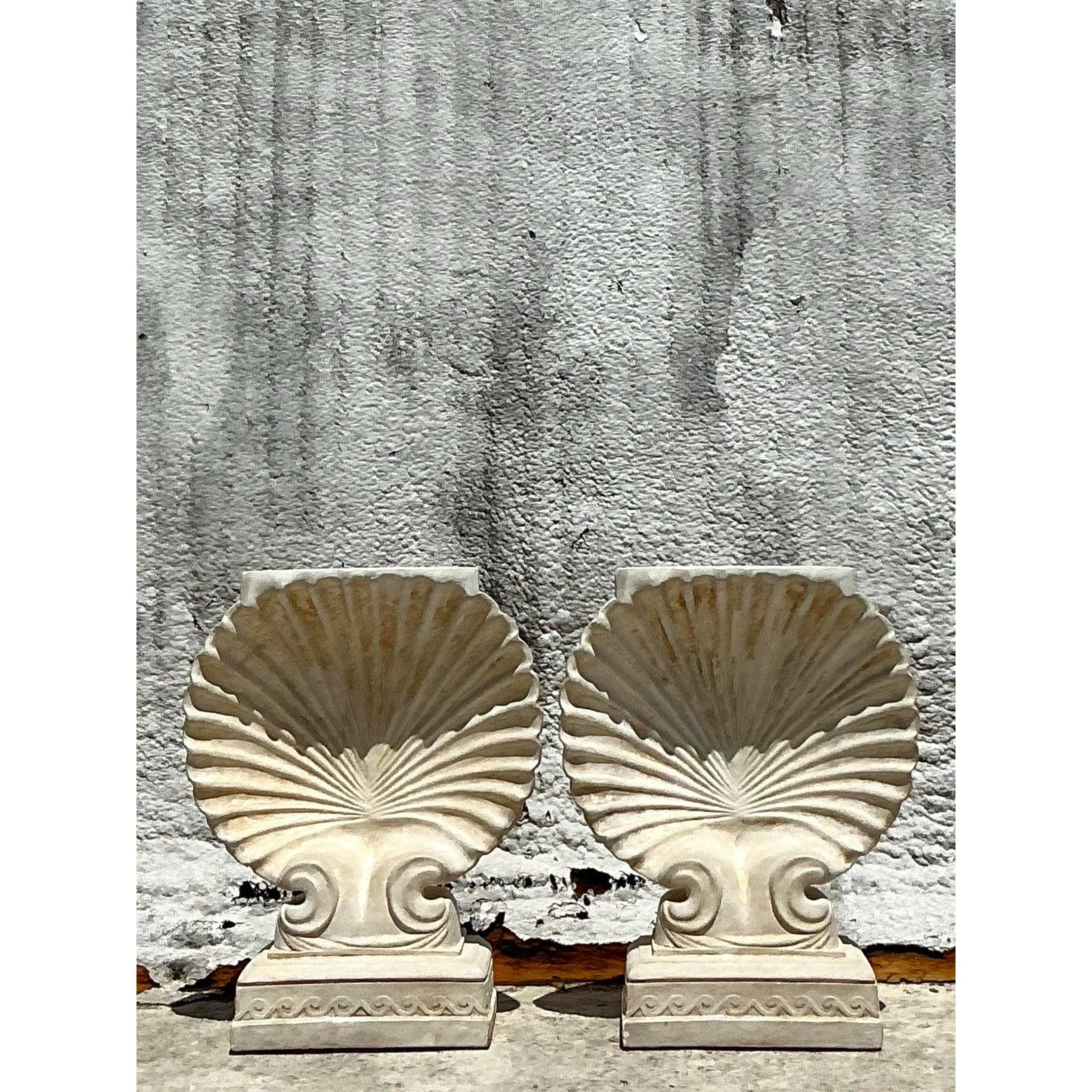 Vintage Boho Plaster Clamshell Dining Table Pedestals - A Pair 3