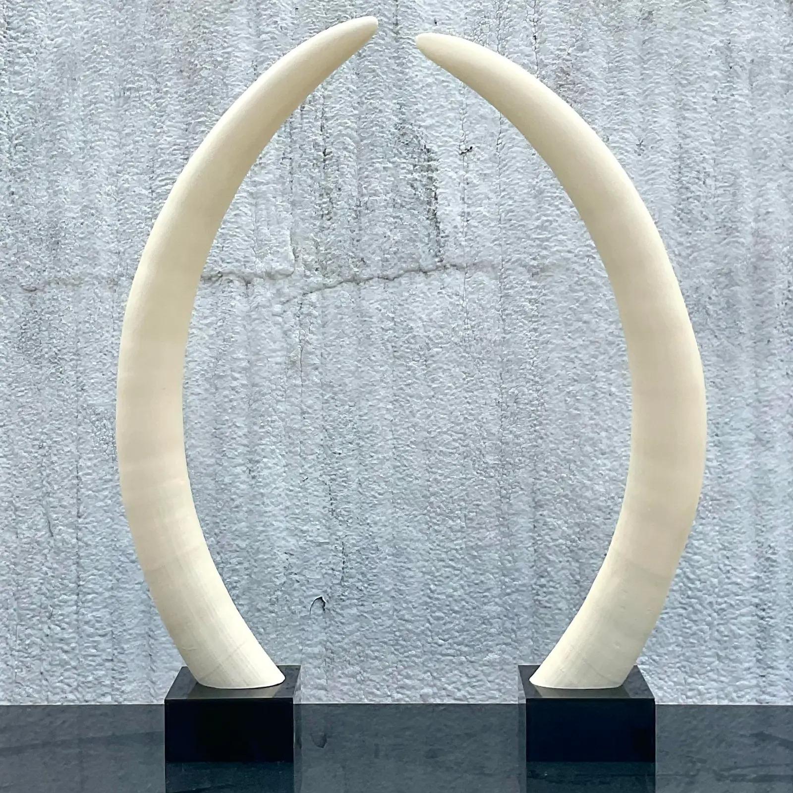 North American Vintage Boho Plaster Elephant Tusks - a Pair For Sale