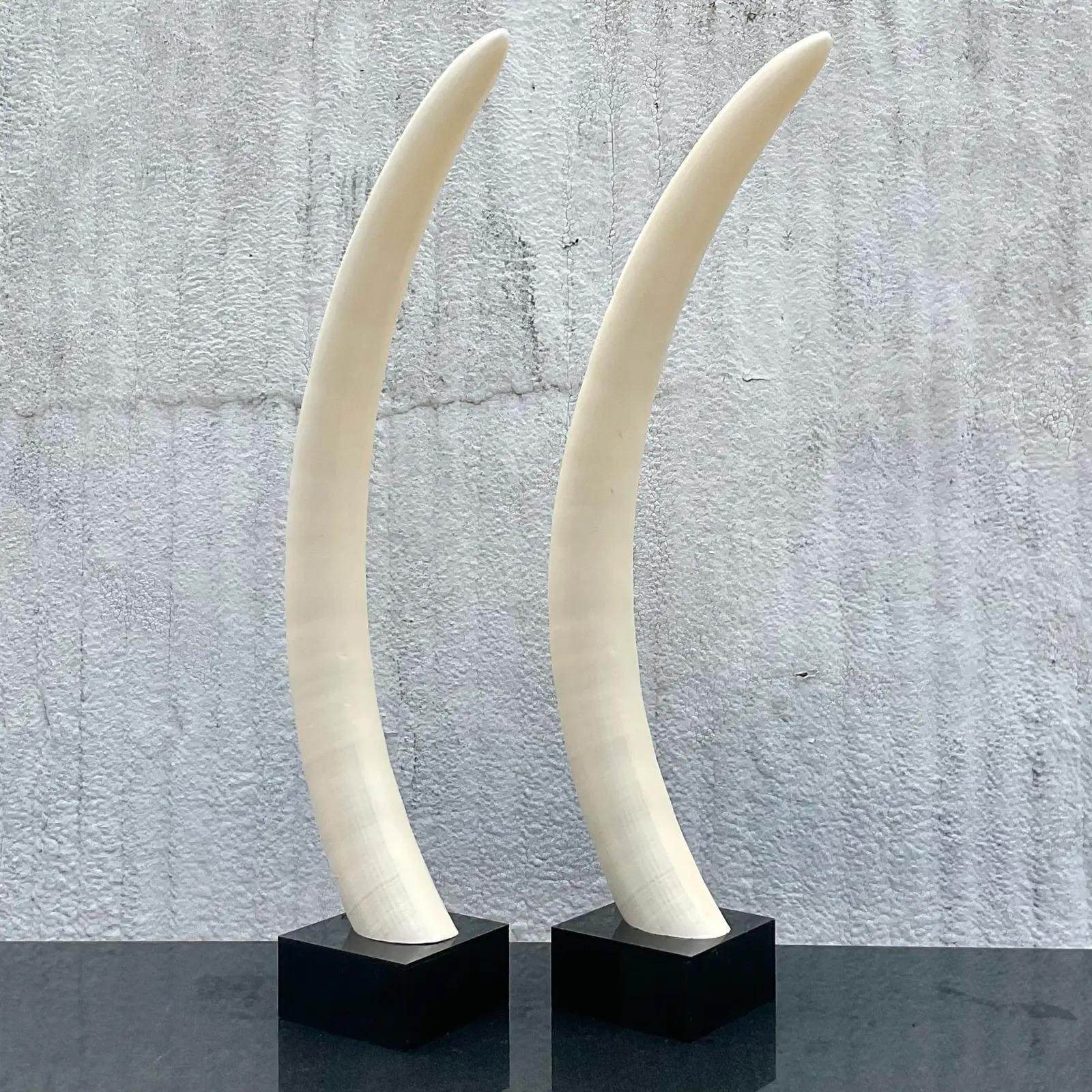 Resin Vintage Boho Plaster Elephant Tusks - a Pair For Sale
