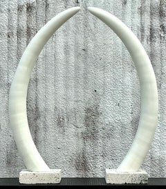 Vintage Boho Plaster Elephant Tusks on Coquina Plinth - a Pair