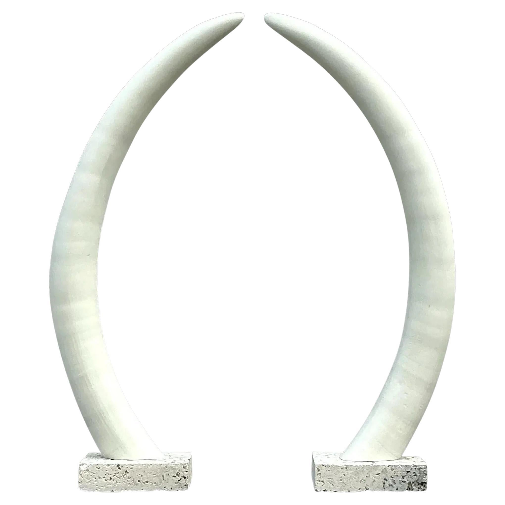 Vintage Boho Plaster Elephant Tusks on Coquina Plinth - a Pair
