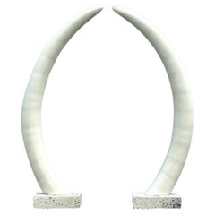 Vintage Boho Plaster Elephant Tusks on Coquina Plinth - a Pair