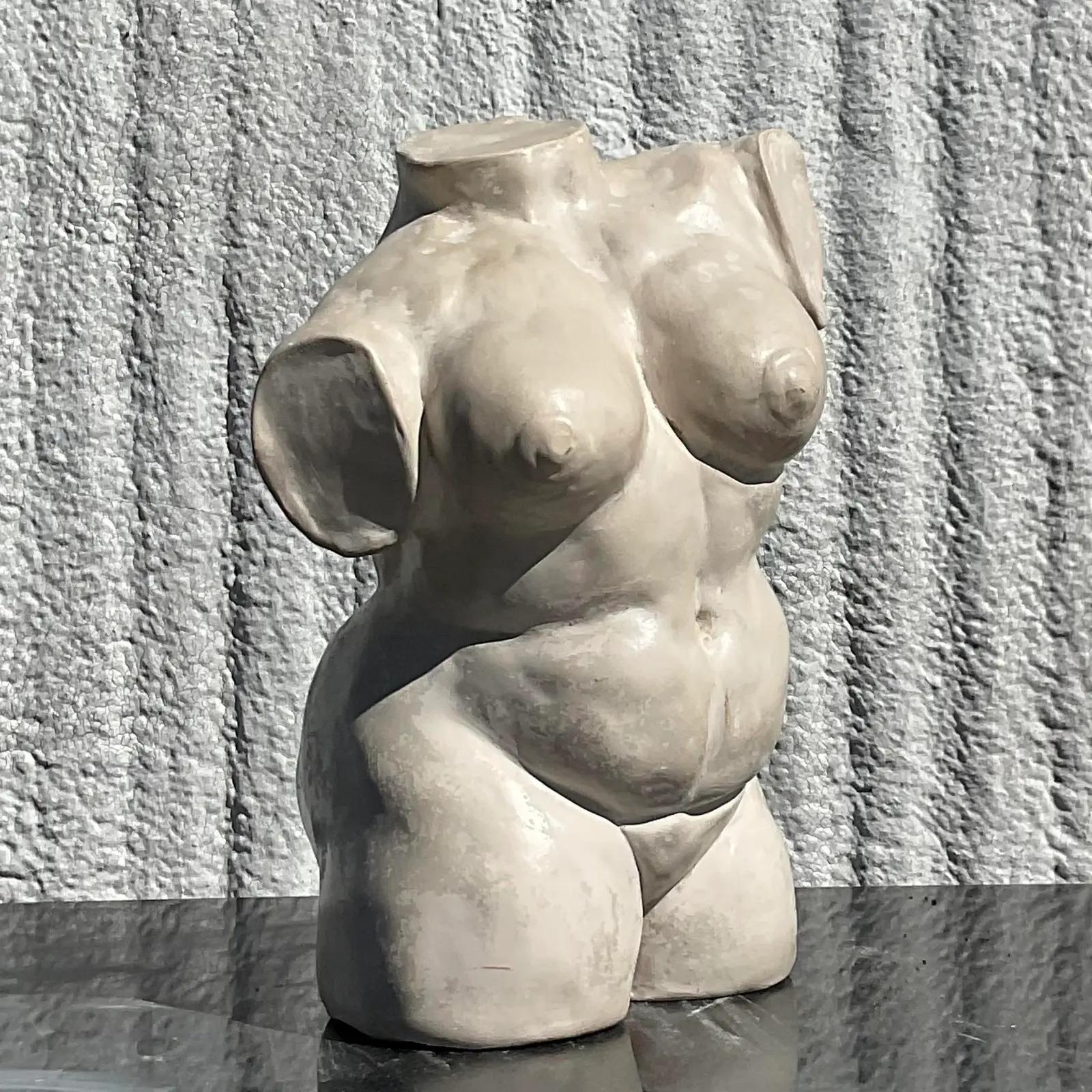 Fantastic vintage Boho Plaster sculpture. A beautiful female torso in a semigloss finish. Acquired from a Palm Beach estate.