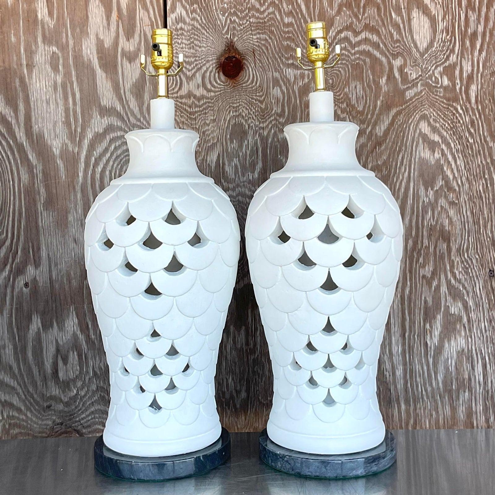 Vintage Boho Plaster Lamps - a Pair In Good Condition For Sale In west palm beach, FL