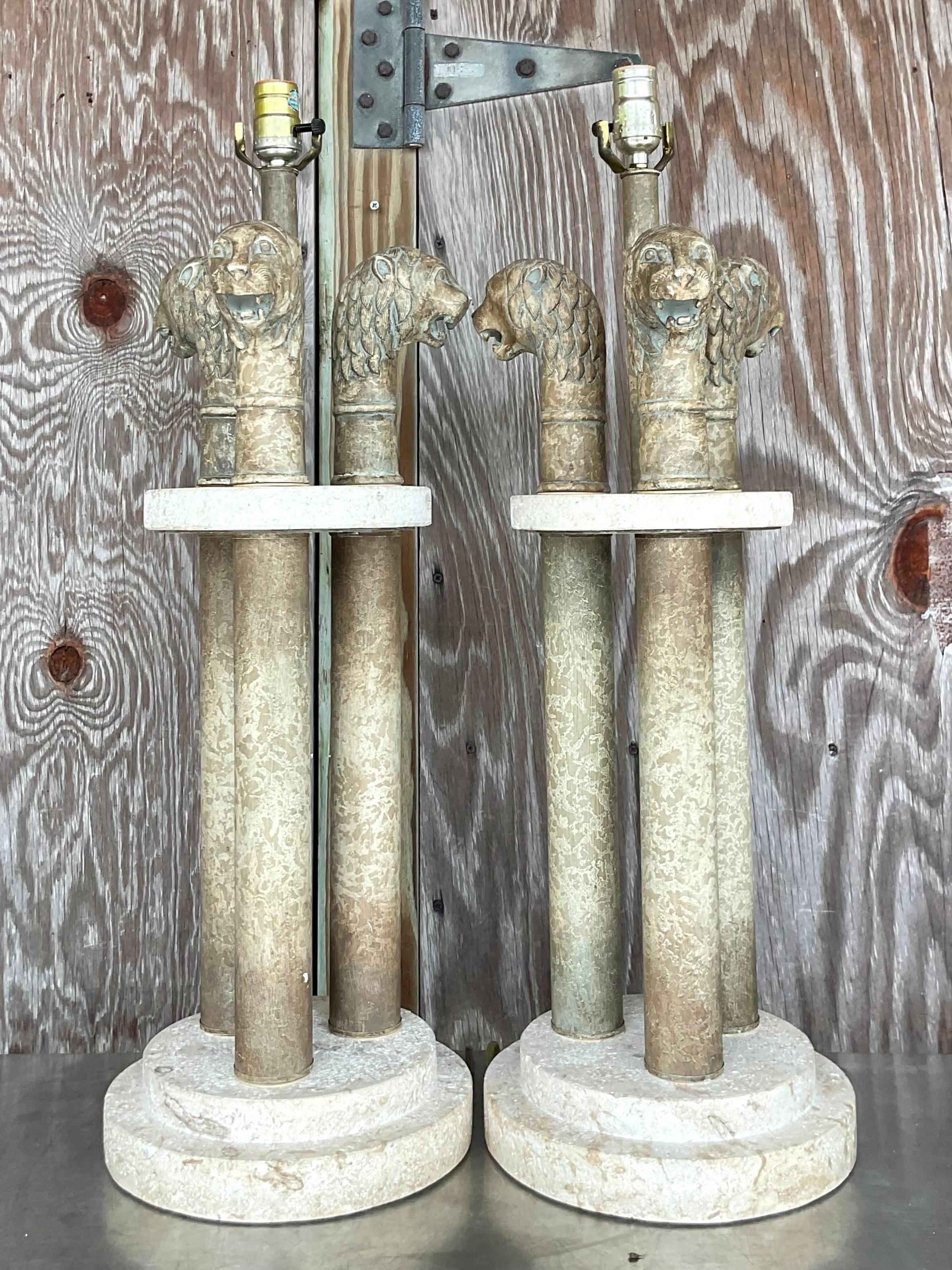 American Vintage Boho Plaster Lions Head Lamps on Coquina Plinths - a Pair