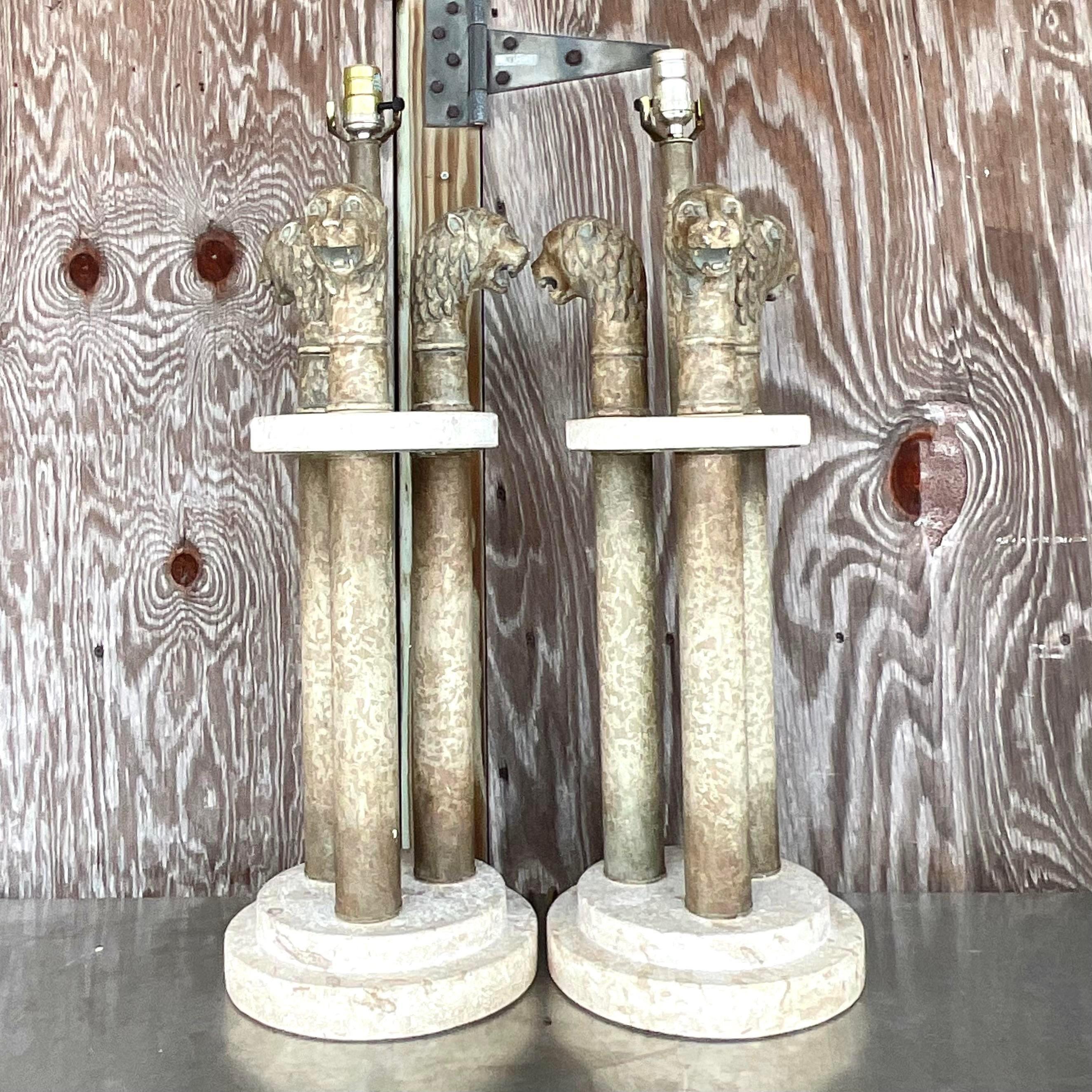 Vintage Boho Plaster Lions Head Lamps on Coquina Plinths - a Pair In Good Condition In west palm beach, FL