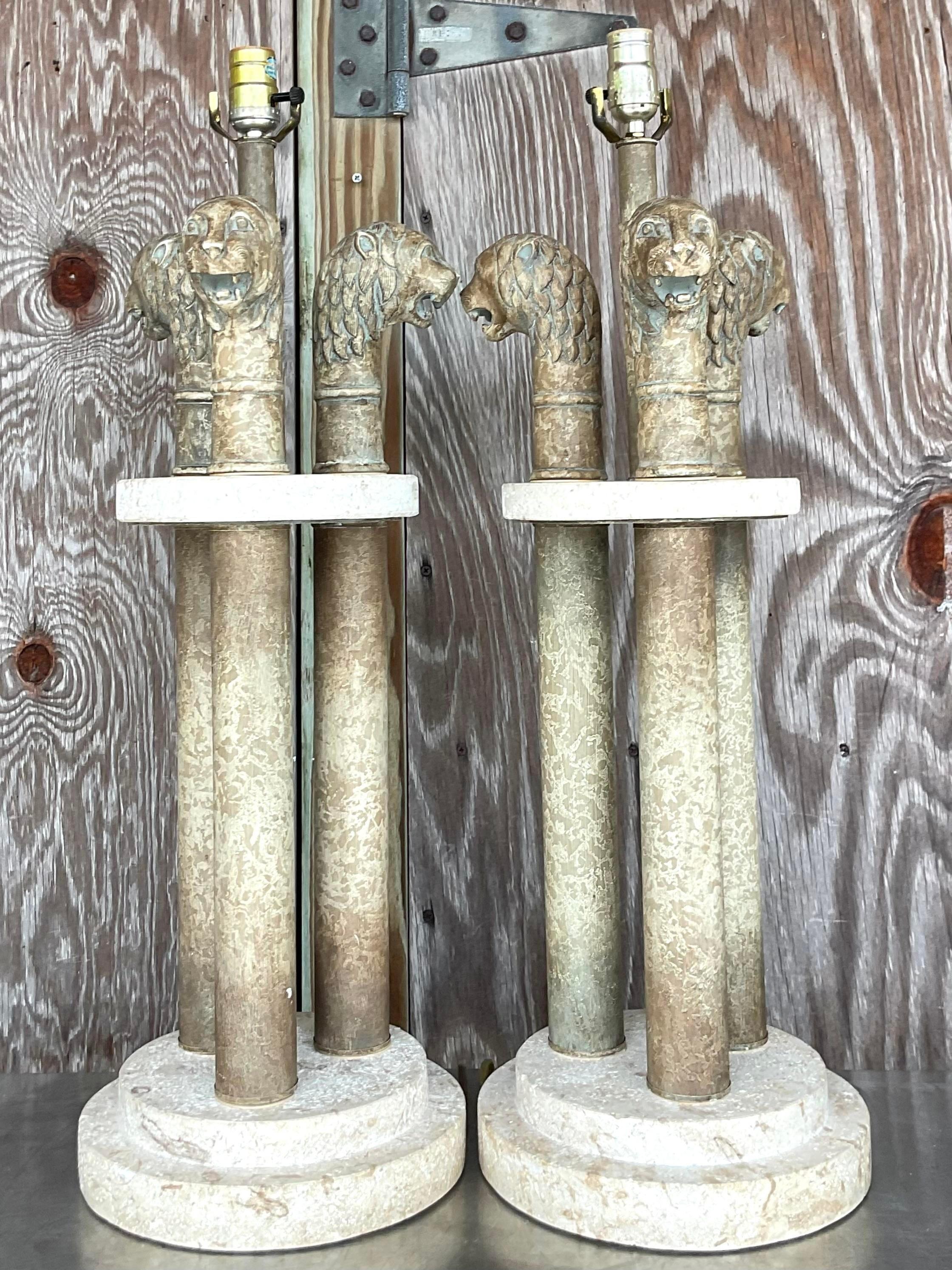 20th Century Vintage Boho Plaster Lions Head Lamps on Coquina Plinths - a Pair