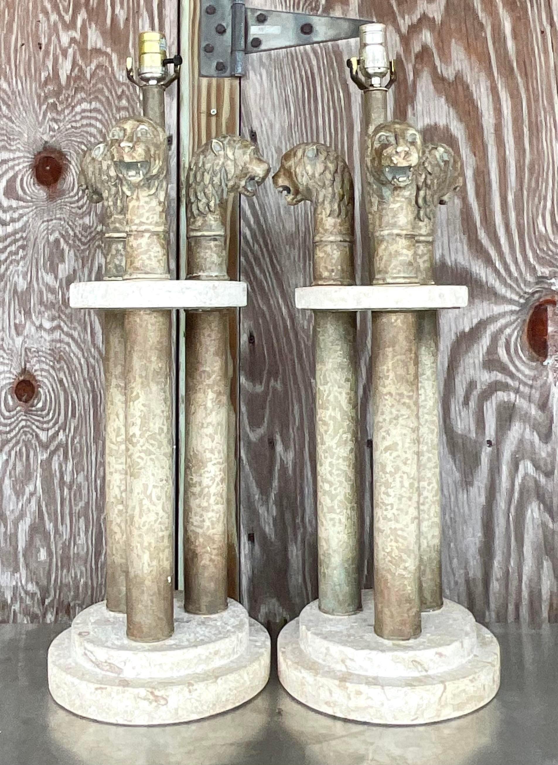 Stone Vintage Boho Plaster Lions Head Lamps on Coquina Plinths - a Pair