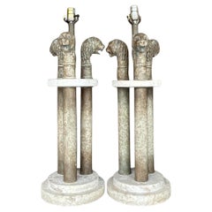 Vintage Boho Plaster Lions Head Lamps on Coquina Plinths - a Pair