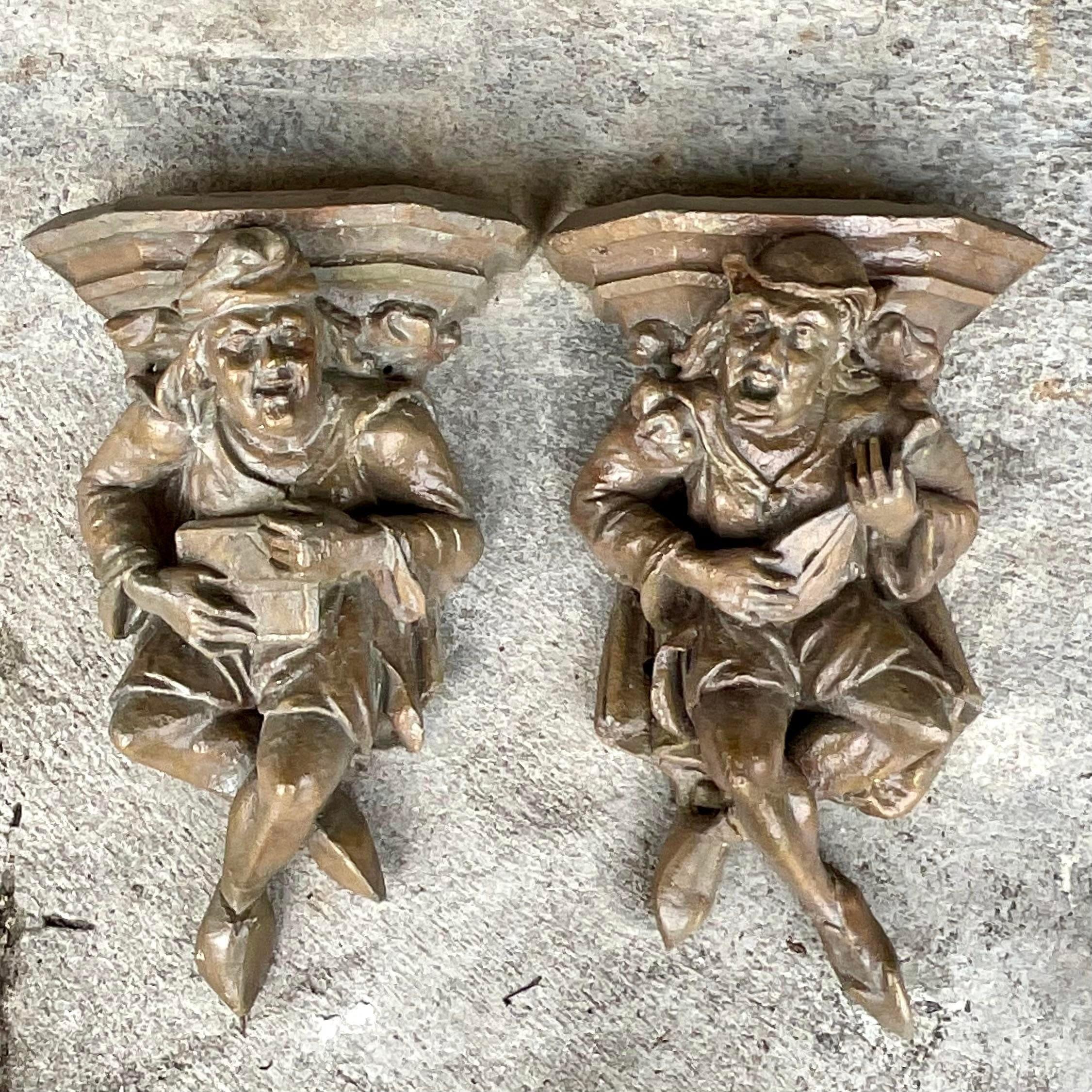 Vintage Boho Plaster Minstrel Brackets - a Pair In Good Condition For Sale In west palm beach, FL