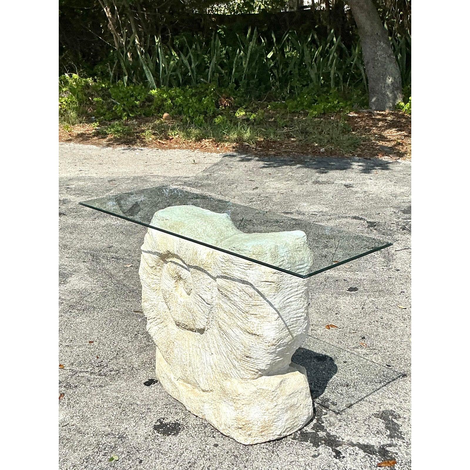 Hollywood Regency Vintage Boho Plaster Nautilus Console Table For Sale