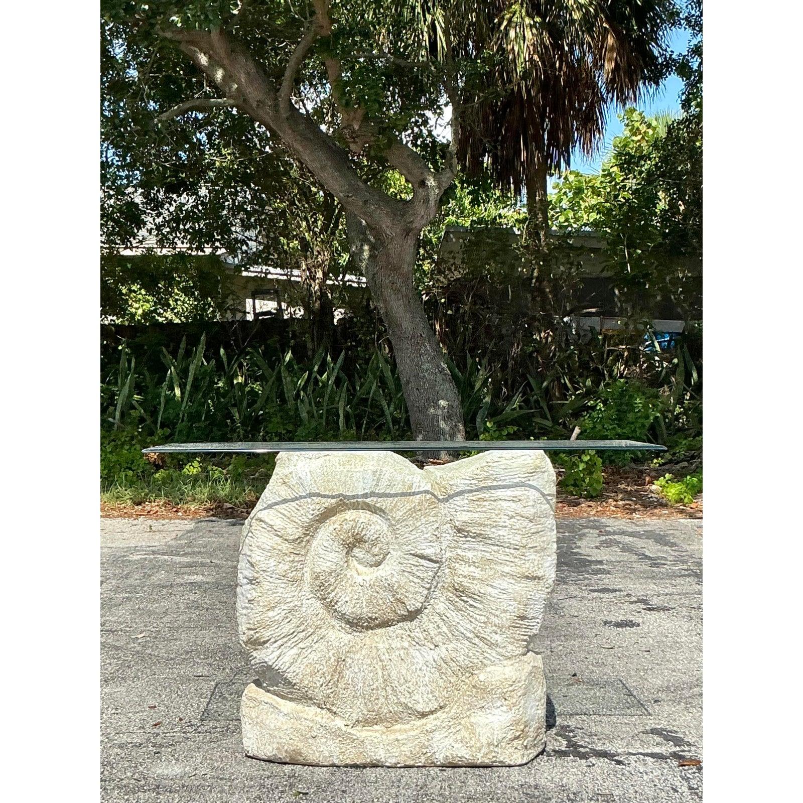 Vintage Boho Plaster Nautilus Console Table In Good Condition For Sale In west palm beach, FL