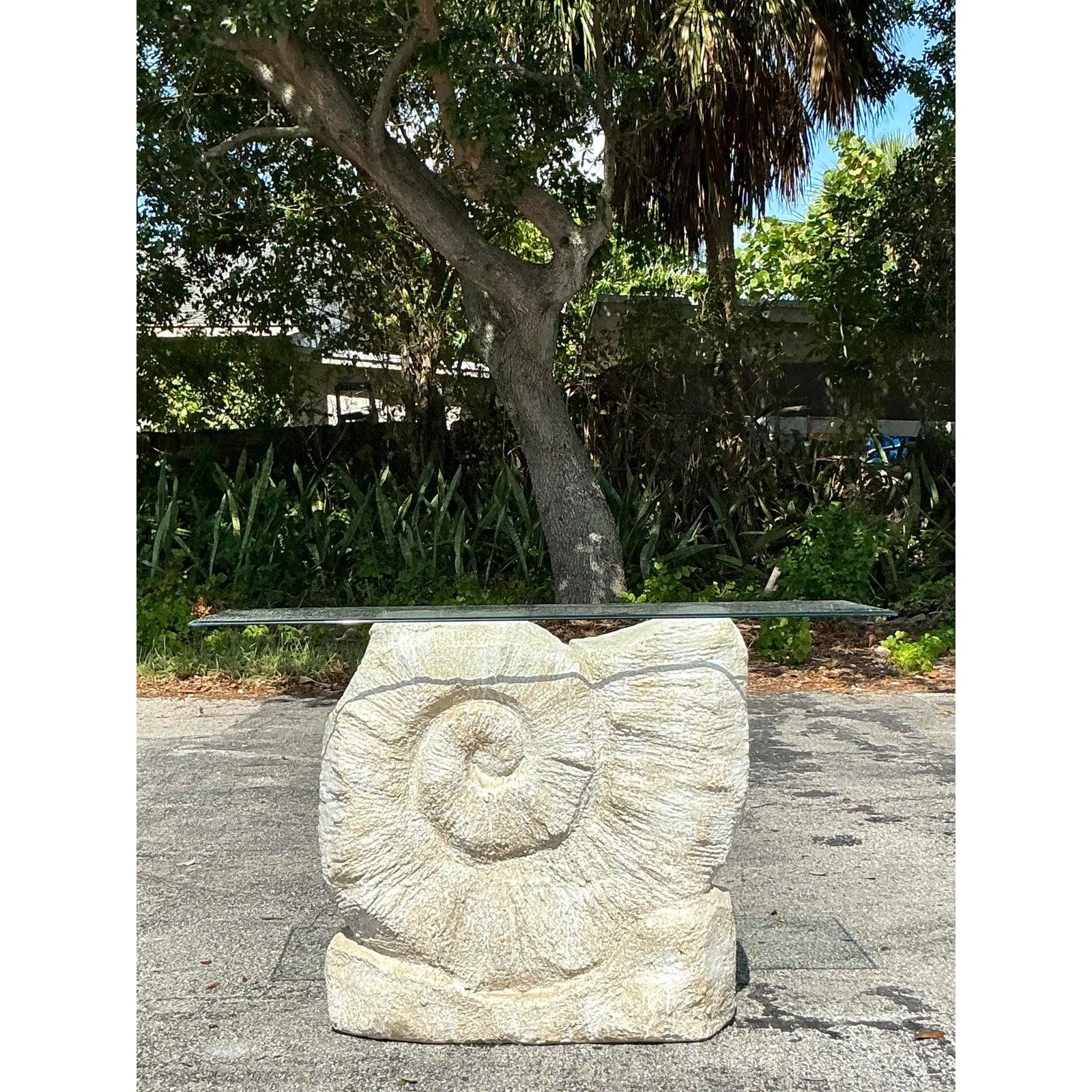 20th Century Vintage Boho Plaster Nautilus Console Table For Sale