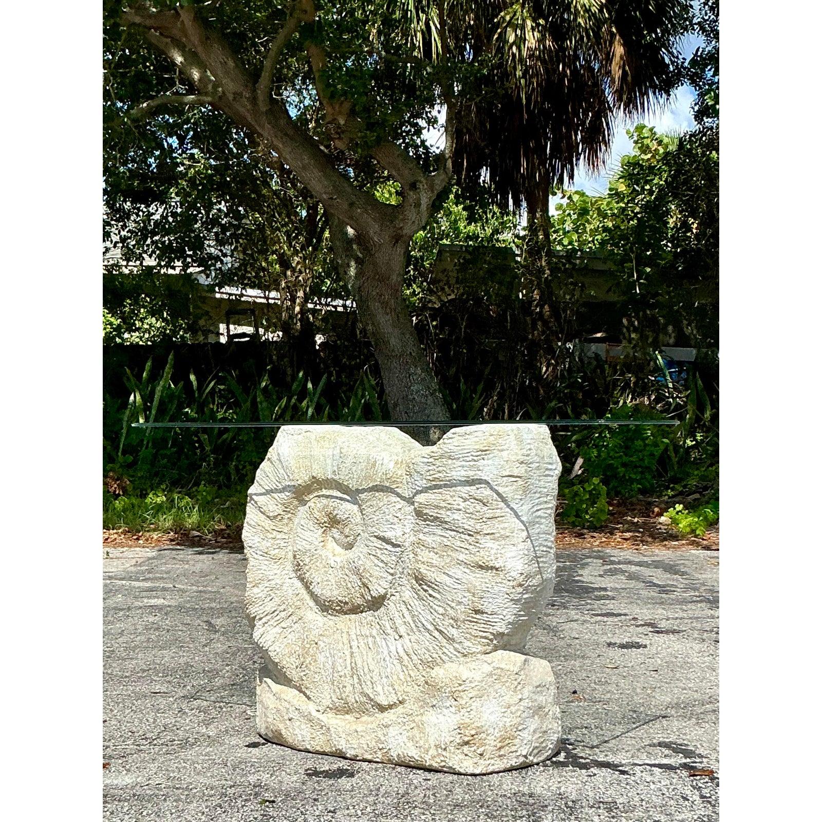 Glass Vintage Boho Plaster Nautilus Console Table For Sale