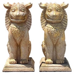 Vintage Boho Plaster Over Wood Foo Dogs - A Pair