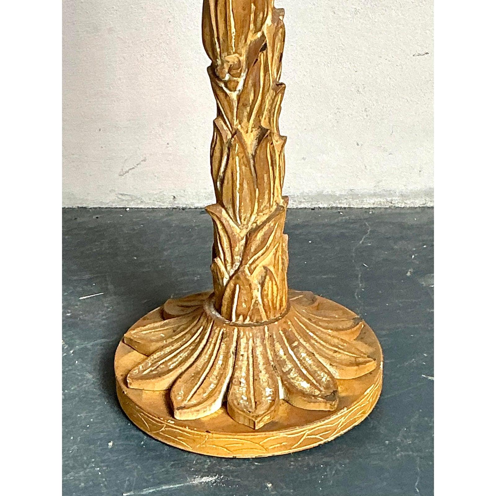 Elevate your interior with this exceptional vintage floor lamp, a piece that beautifully captures the essence of Boho Chic design with a nod to the iconic botanical aesthetics favored by Serge Roche. Crafted with intricate plaster over wood, this