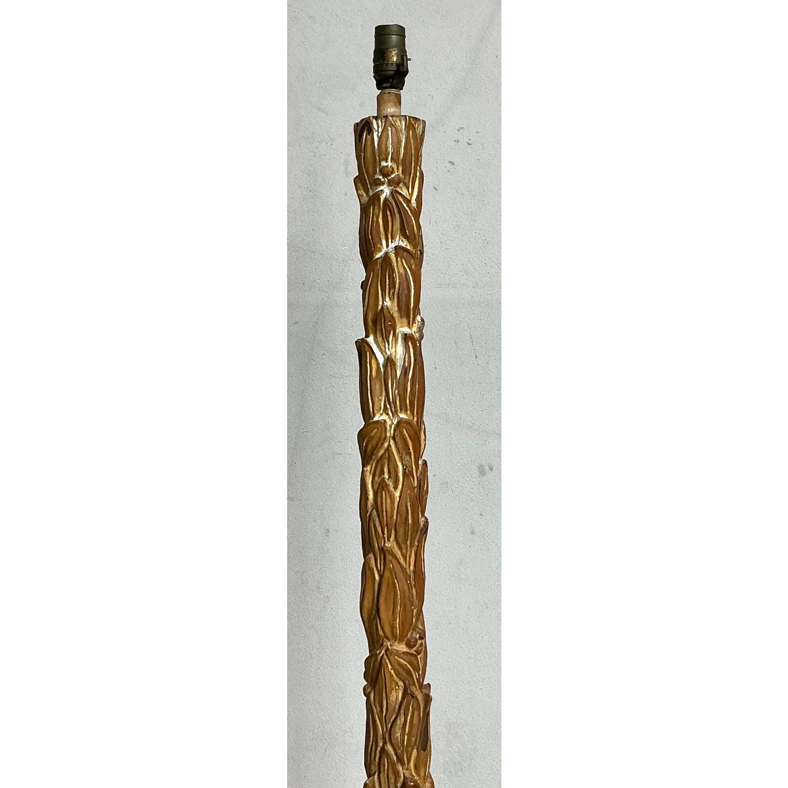 Hollywood Regency Vintage Boho Plaster Over Wood Leaf Floor Lamp After Serge Roche en vente
