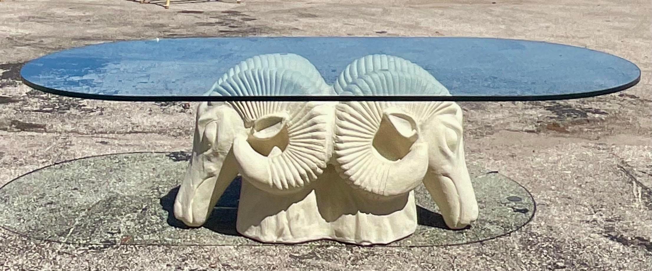 Vintage Boho Plaster Ram’s Head Coffee Table In Good Condition For Sale In west palm beach, FL