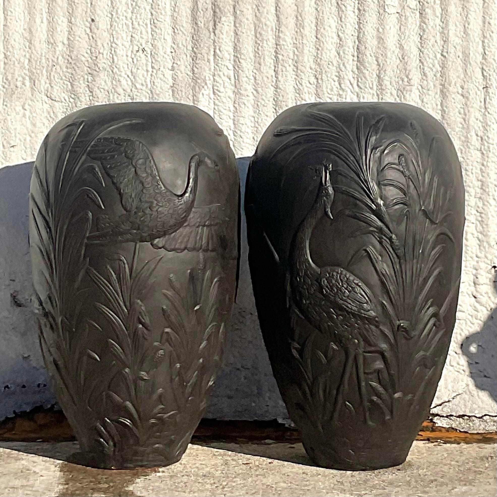 Vintage Boho Plaster Relief Urns - a Pair In Good Condition For Sale In west palm beach, FL