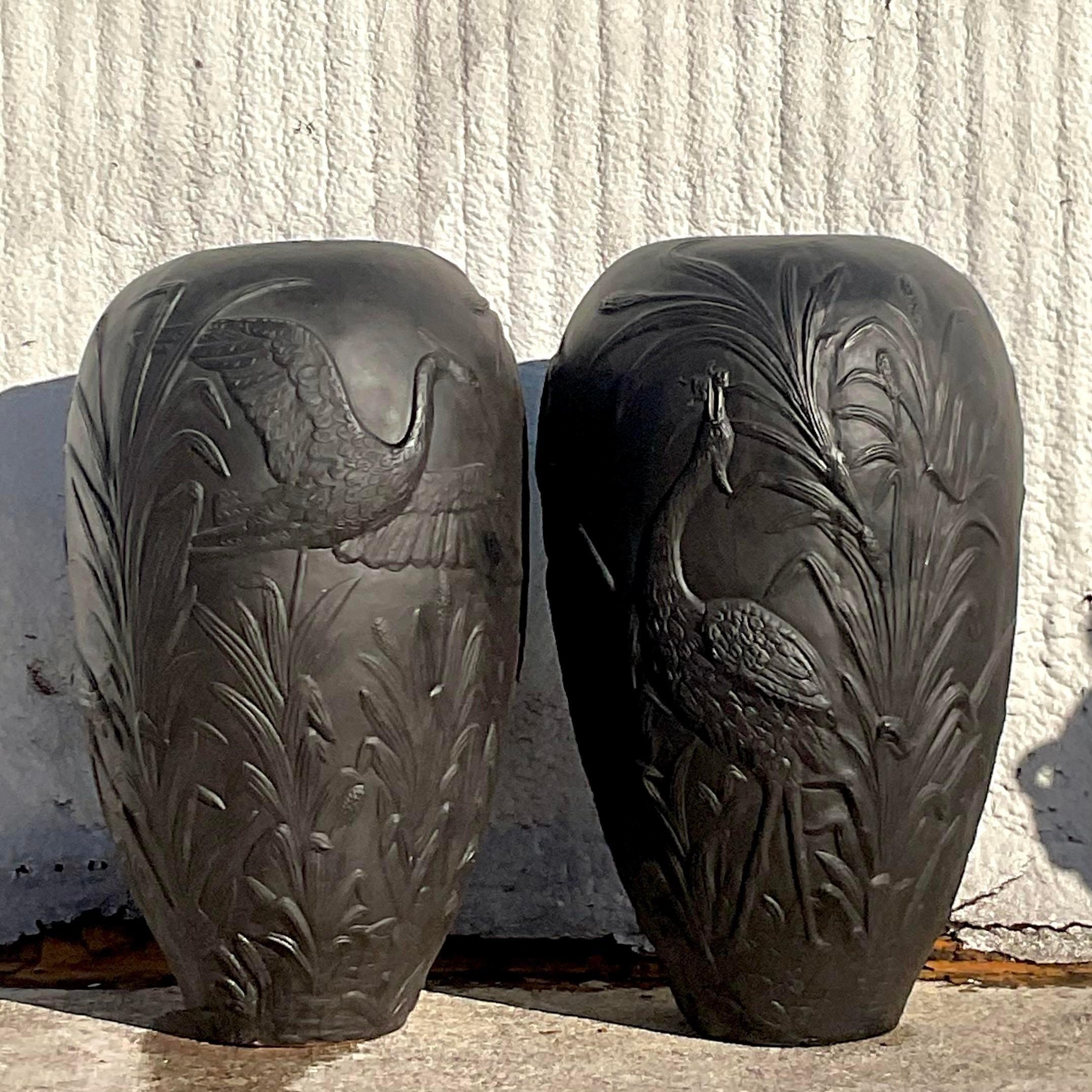 Fiberglass Vintage Boho Plaster Relief Urns - a Pair For Sale