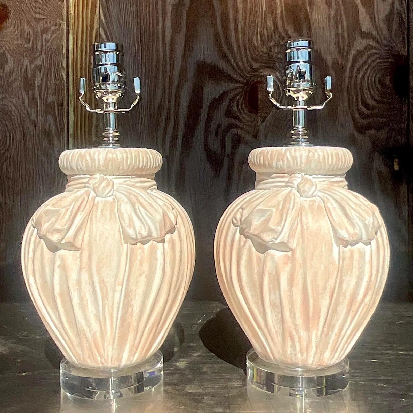 Vintage Boho Plaster Ribbon Lamps - a Pair In Good Condition In west palm beach, FL