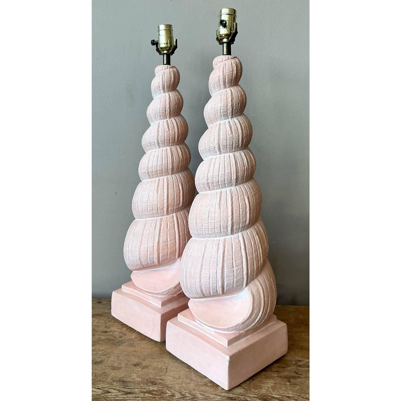 American Vintage Boho Plaster Shell Lamps - A Pair For Sale