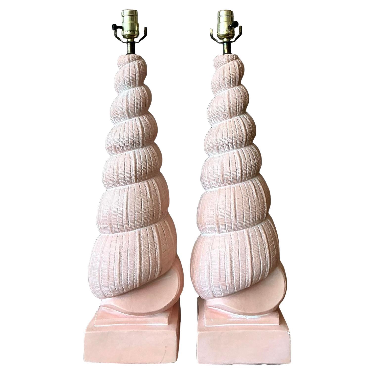 Vintage Boho Plaster Shell Lamps - A Pair For Sale