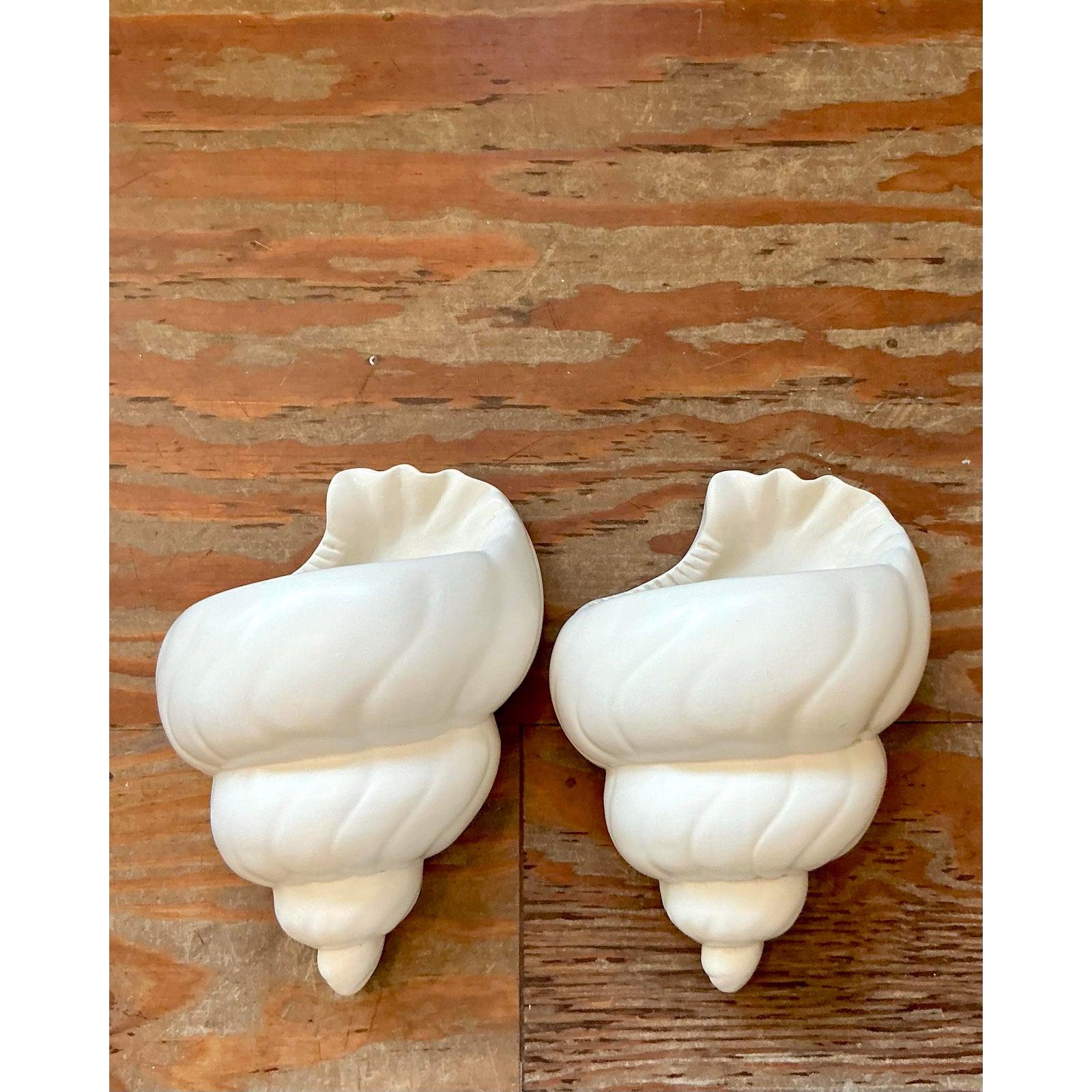 Hollywood Regency Vintage Boho Plaster Shell Light Sconce - A Pair For Sale