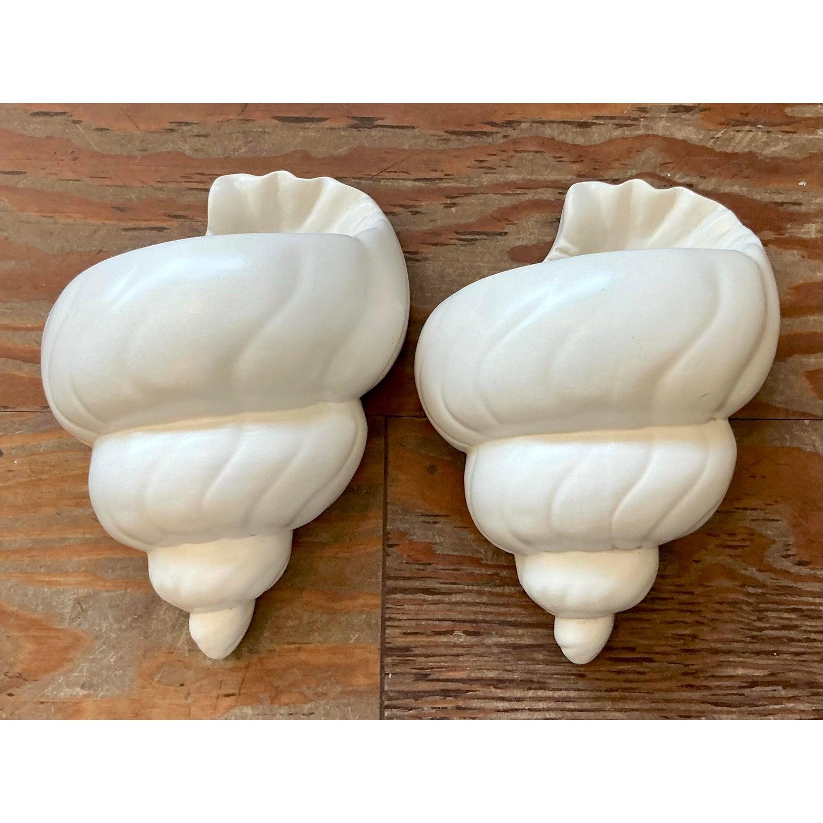 American Vintage Boho Plaster Shell Light Sconce - A Pair For Sale