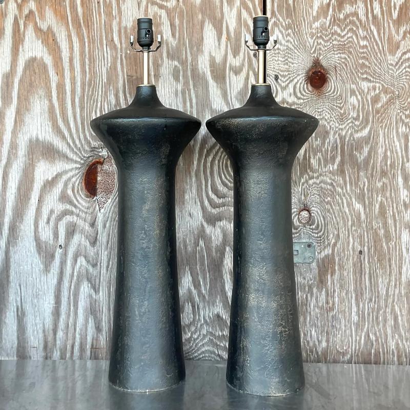 Vintage Boho Plaster Table Lamps - a Pair In Good Condition For Sale In west palm beach, FL