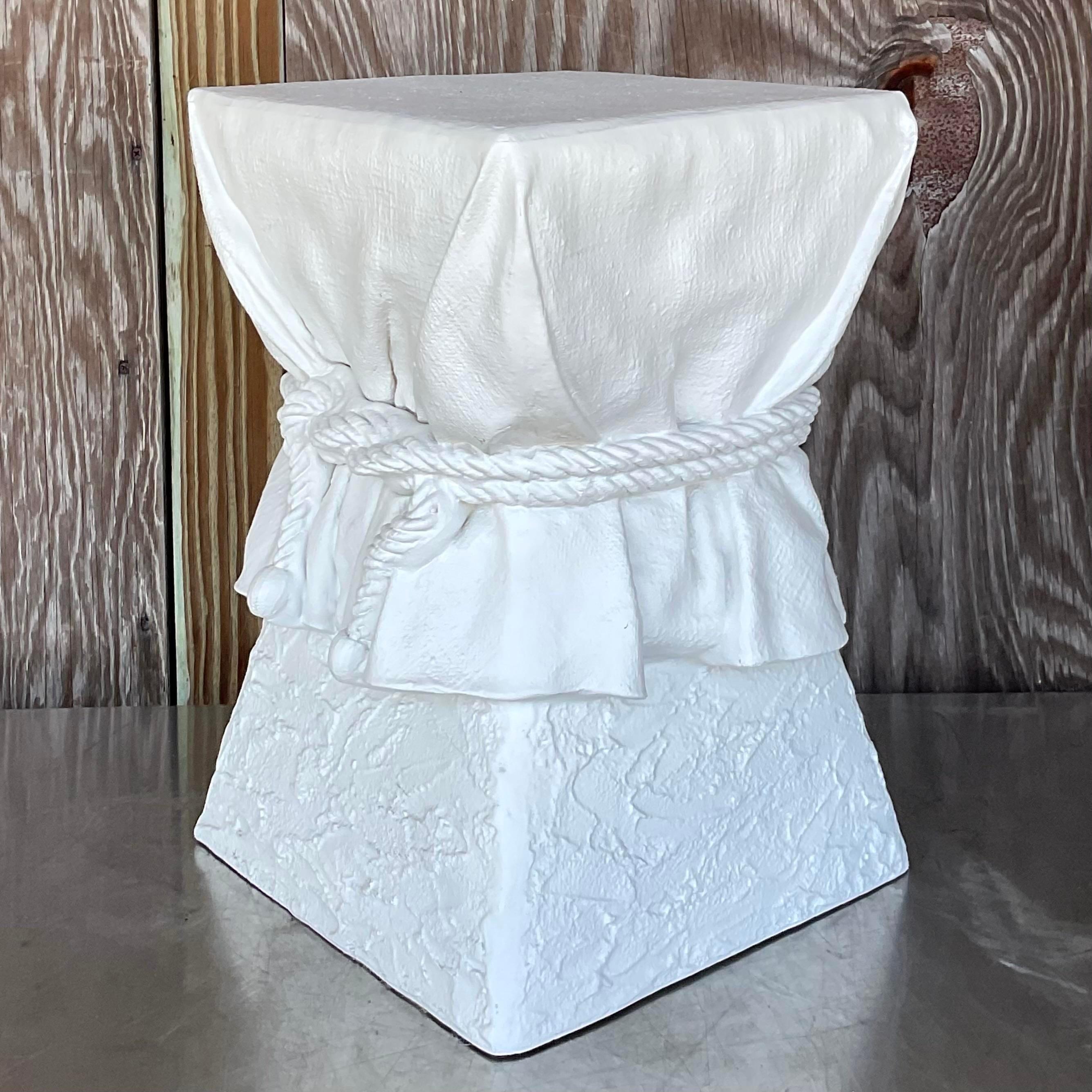 Vintage Boho Plaster Tie Stool After John Dickinson In Good Condition For Sale In west palm beach, FL