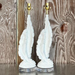 Vintage Boho Plaster Twisted Feather Lamps - a Pair