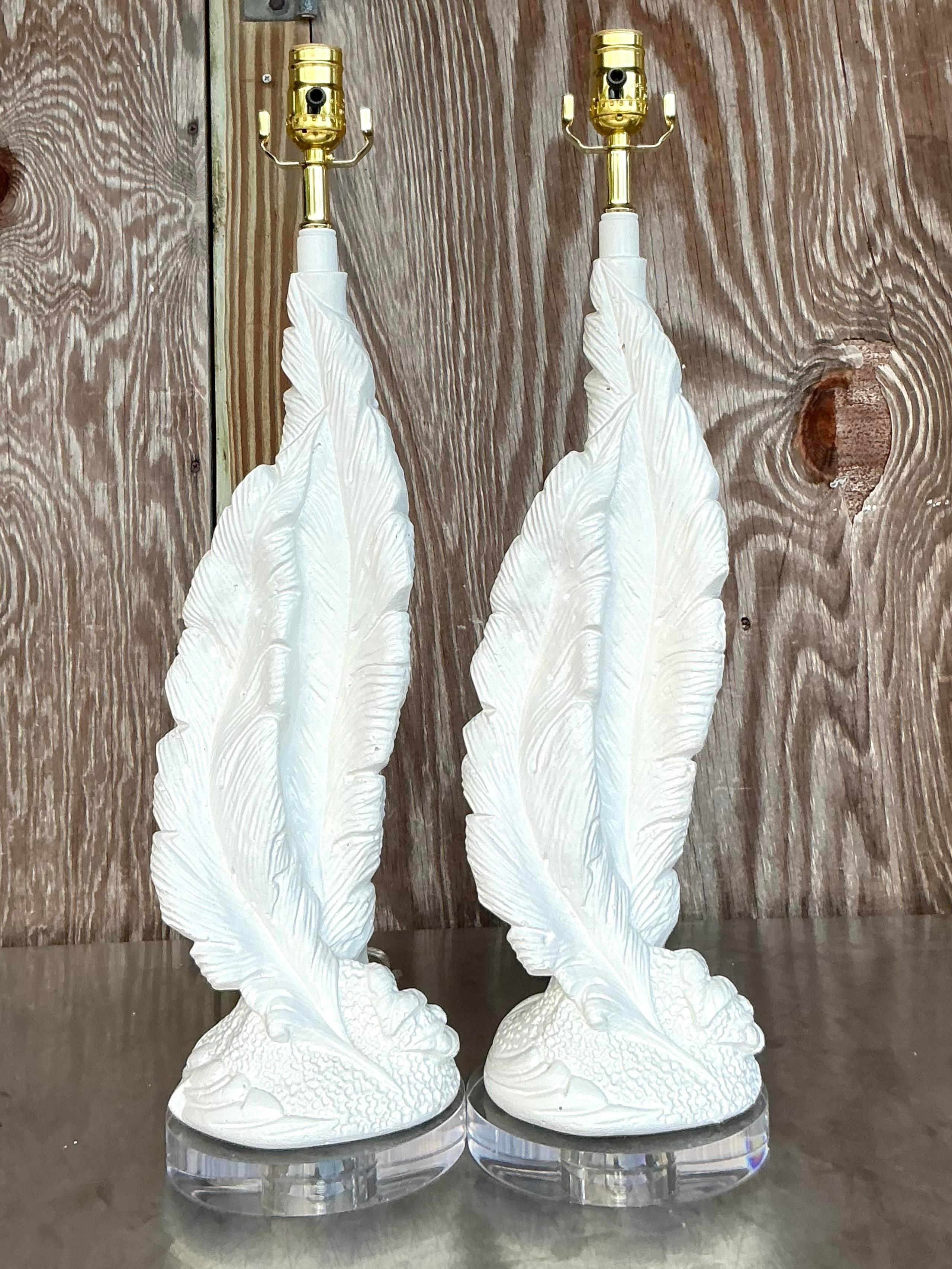 American Vintage Boho Plaster Twisted Feather Lamps - a Pair For Sale