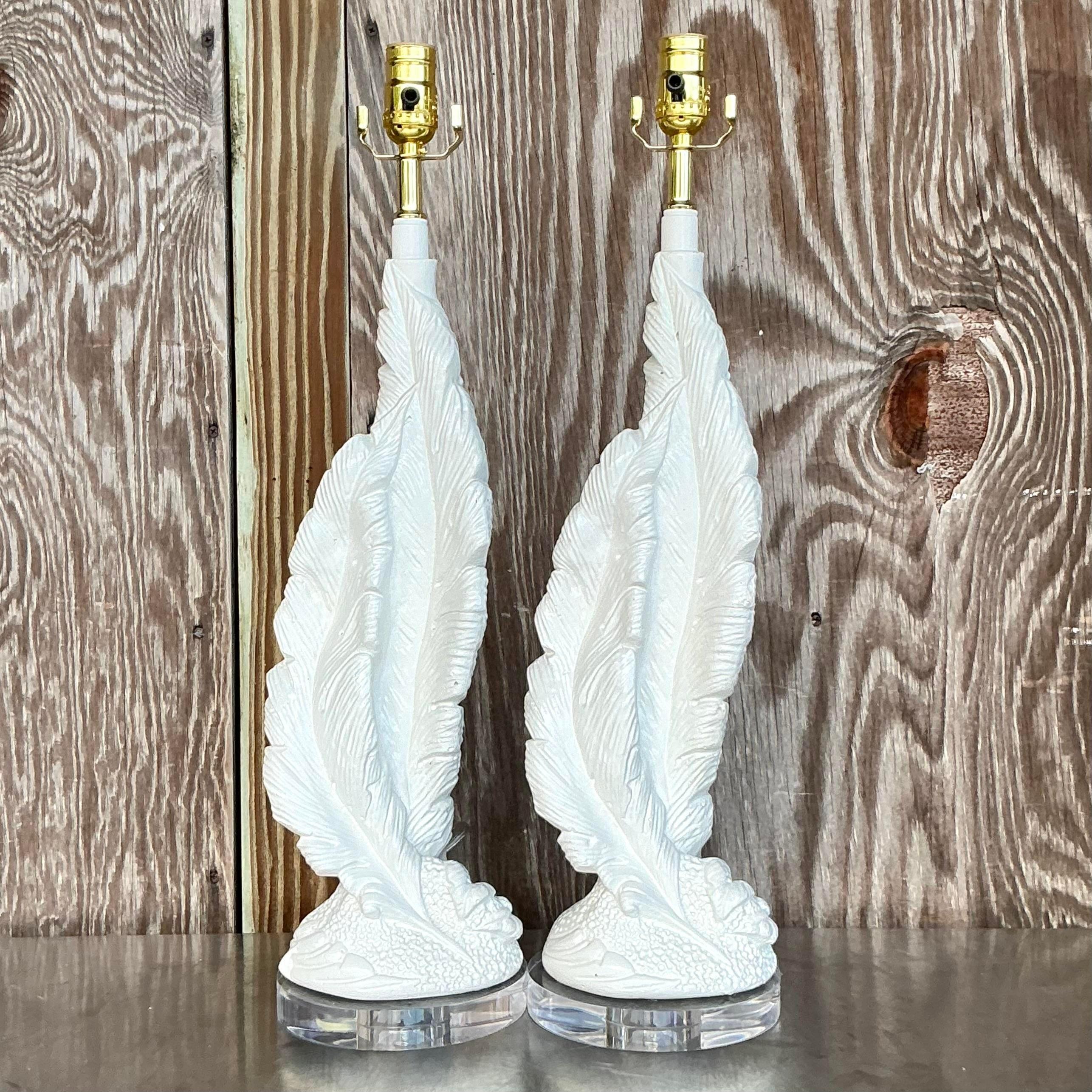 Vintage Boho Plaster Twisted Feather Lamps - a Pair In Good Condition For Sale In west palm beach, FL