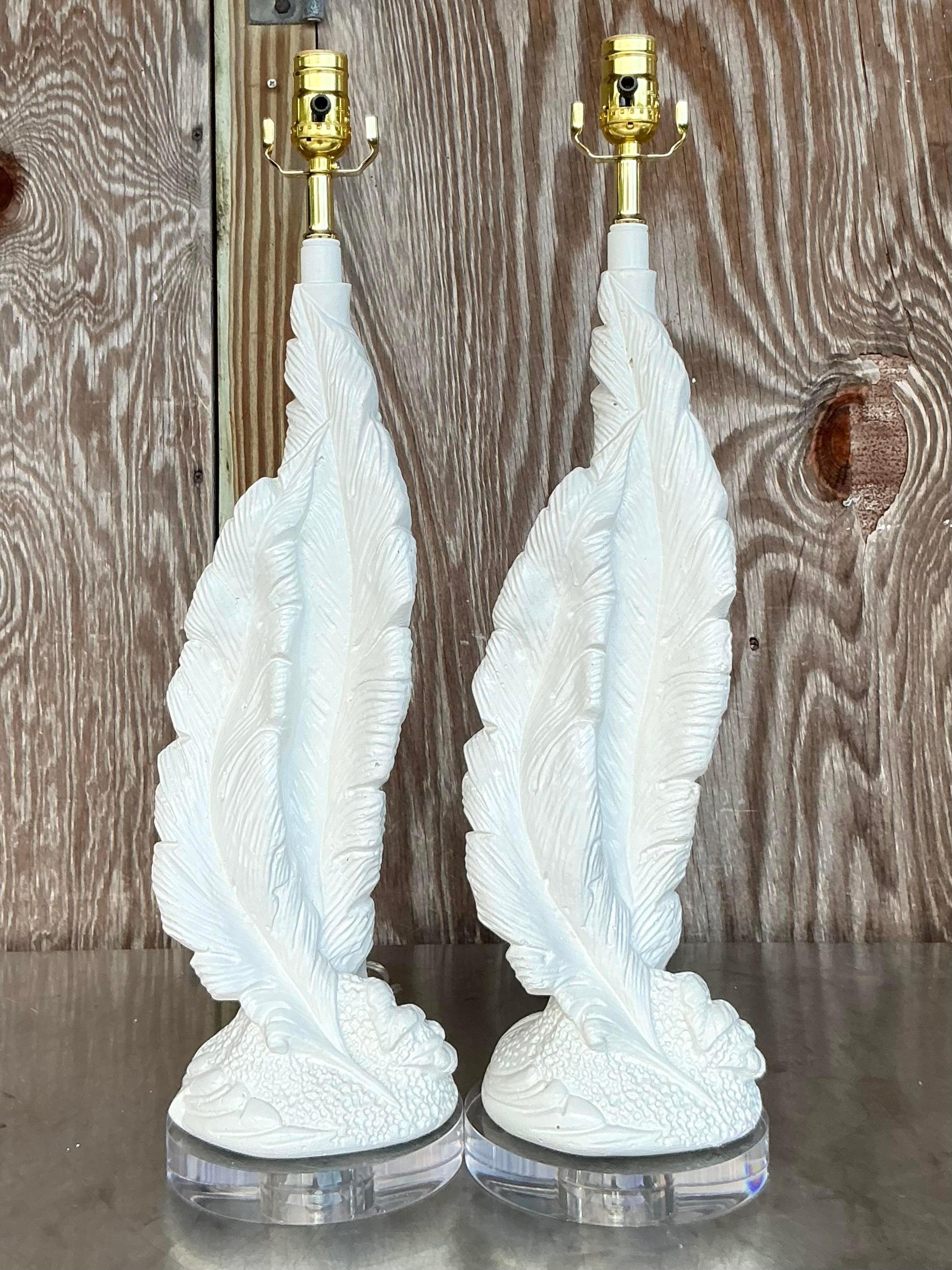 20th Century Vintage Boho Plaster Twisted Feather Lamps - a Pair For Sale