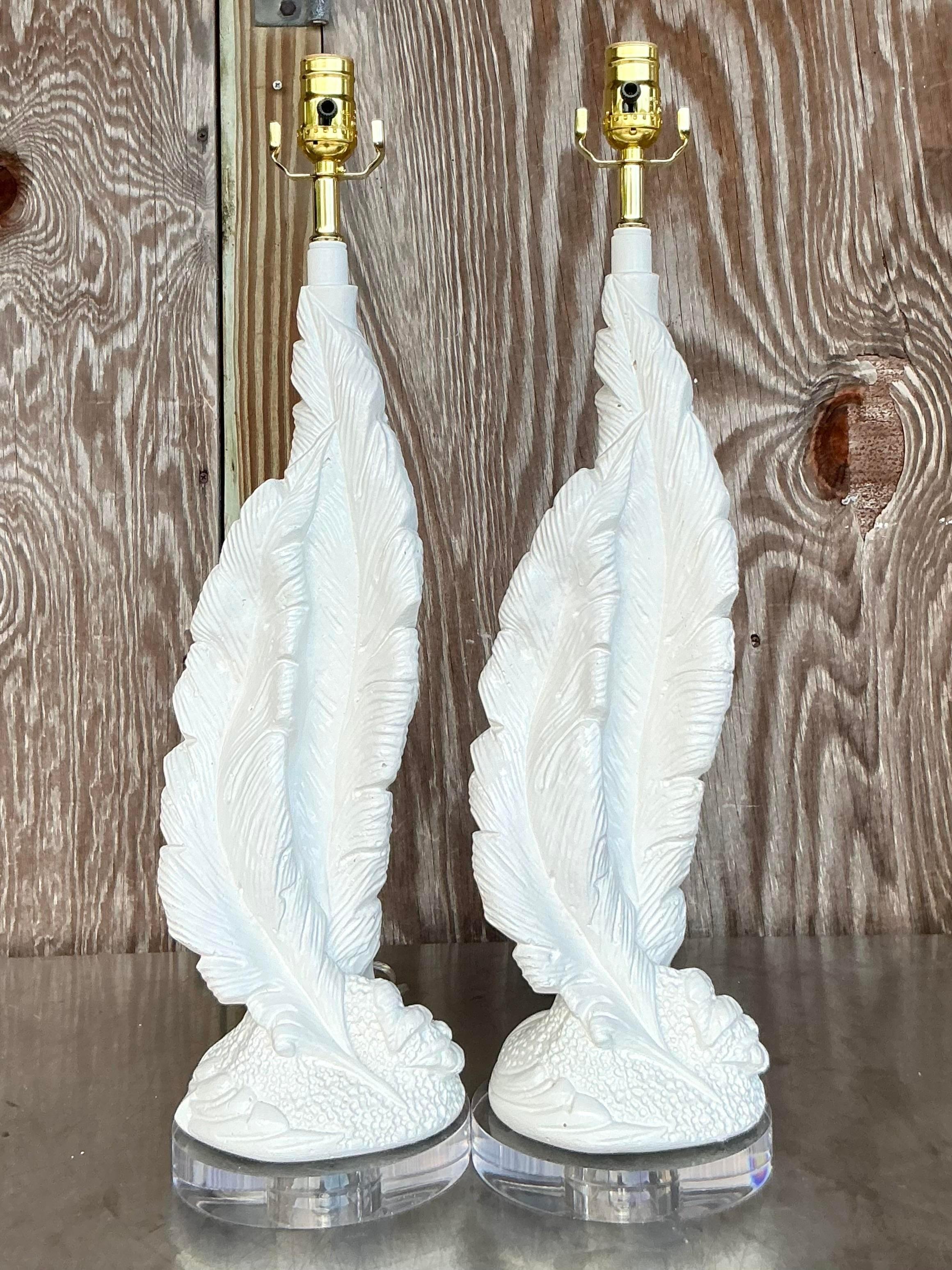 Lucite Vintage Boho Plaster Twisted Feather Lamps - a Pair For Sale
