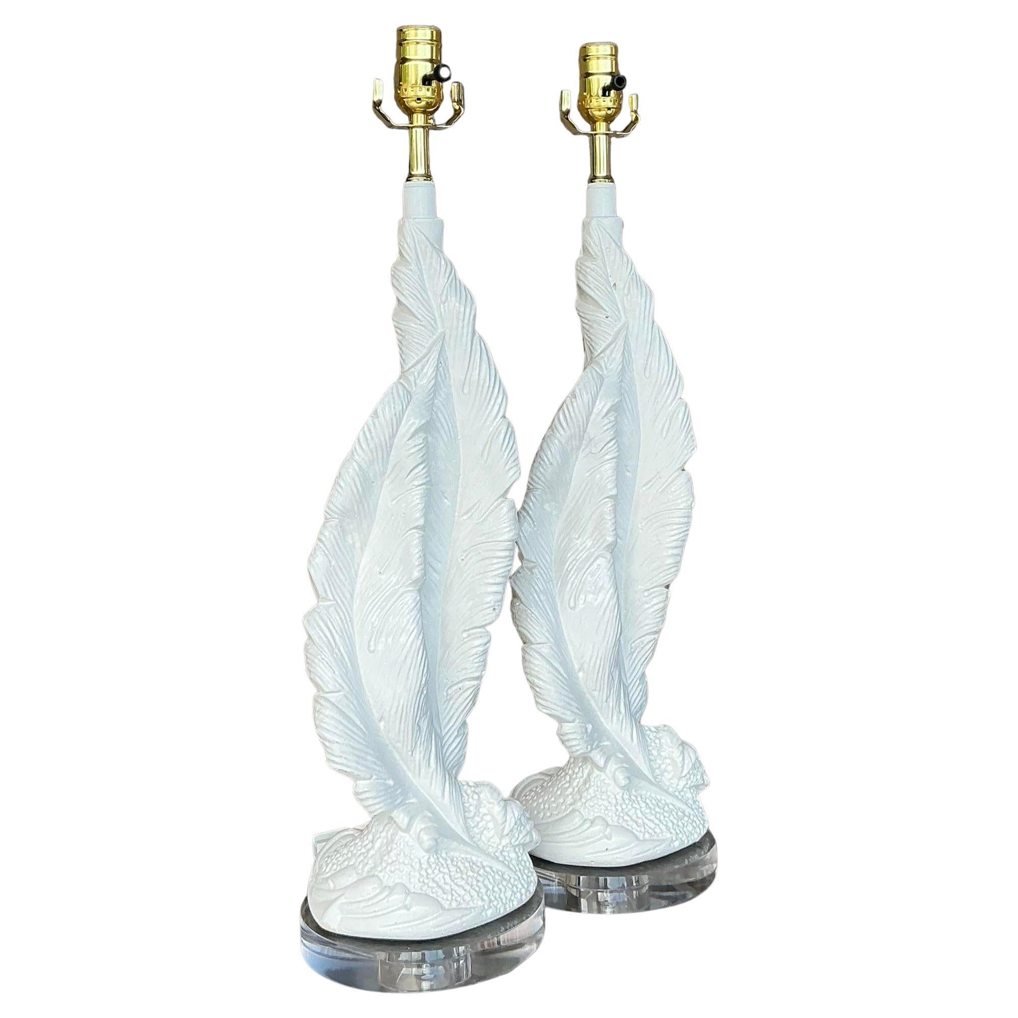 Vintage Boho Plaster Twisted Feather Lamps - a Pair For Sale
