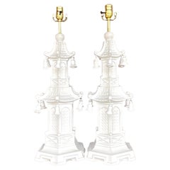 Vintage Boho Plaster White Wood Pagoda Lamps - a Pair