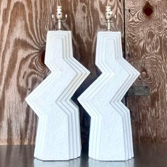 Vintage Boho Plaster Zig Zag Lamps, a Pair