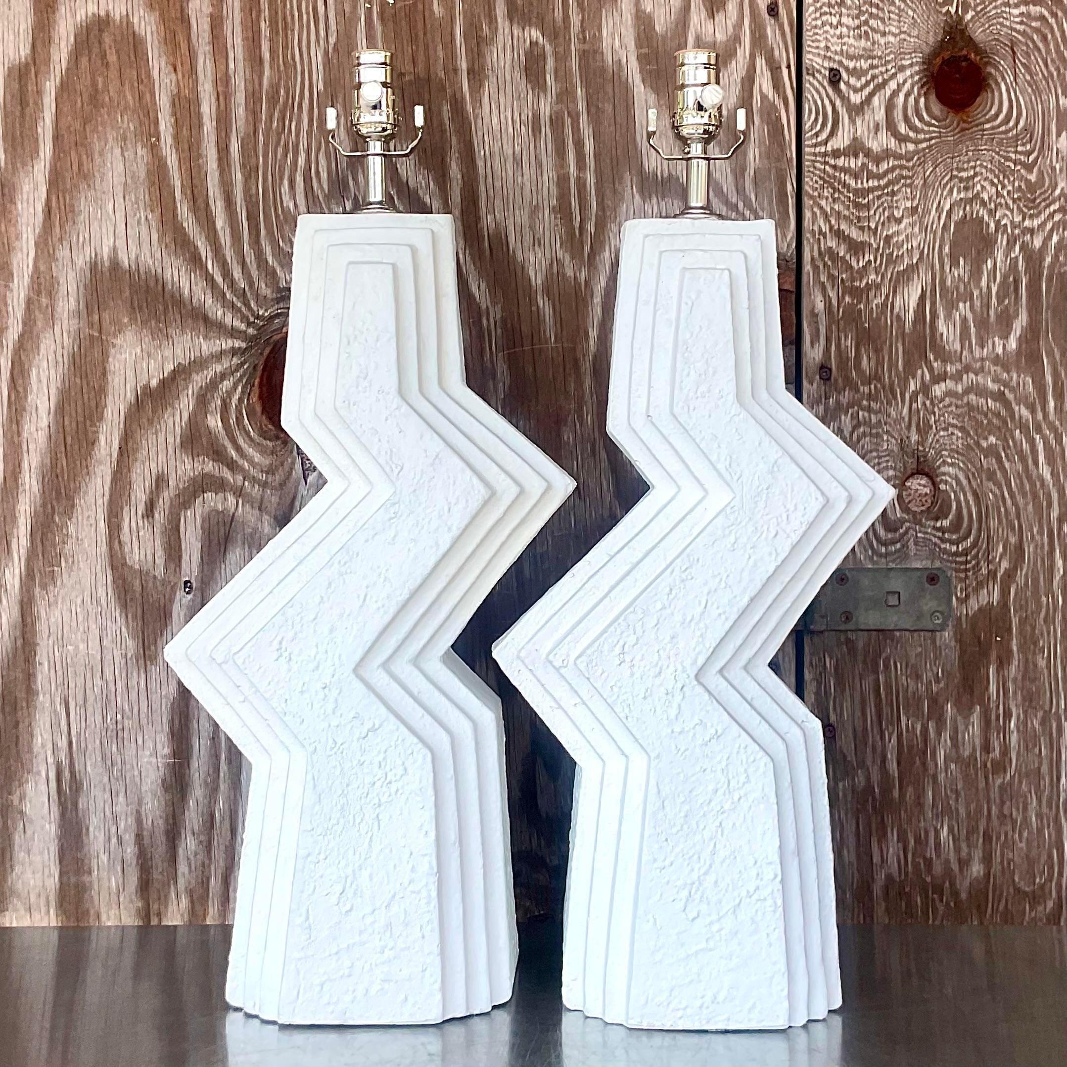 North American Vintage Boho Plaster Zig Zag Lamps, a Pair