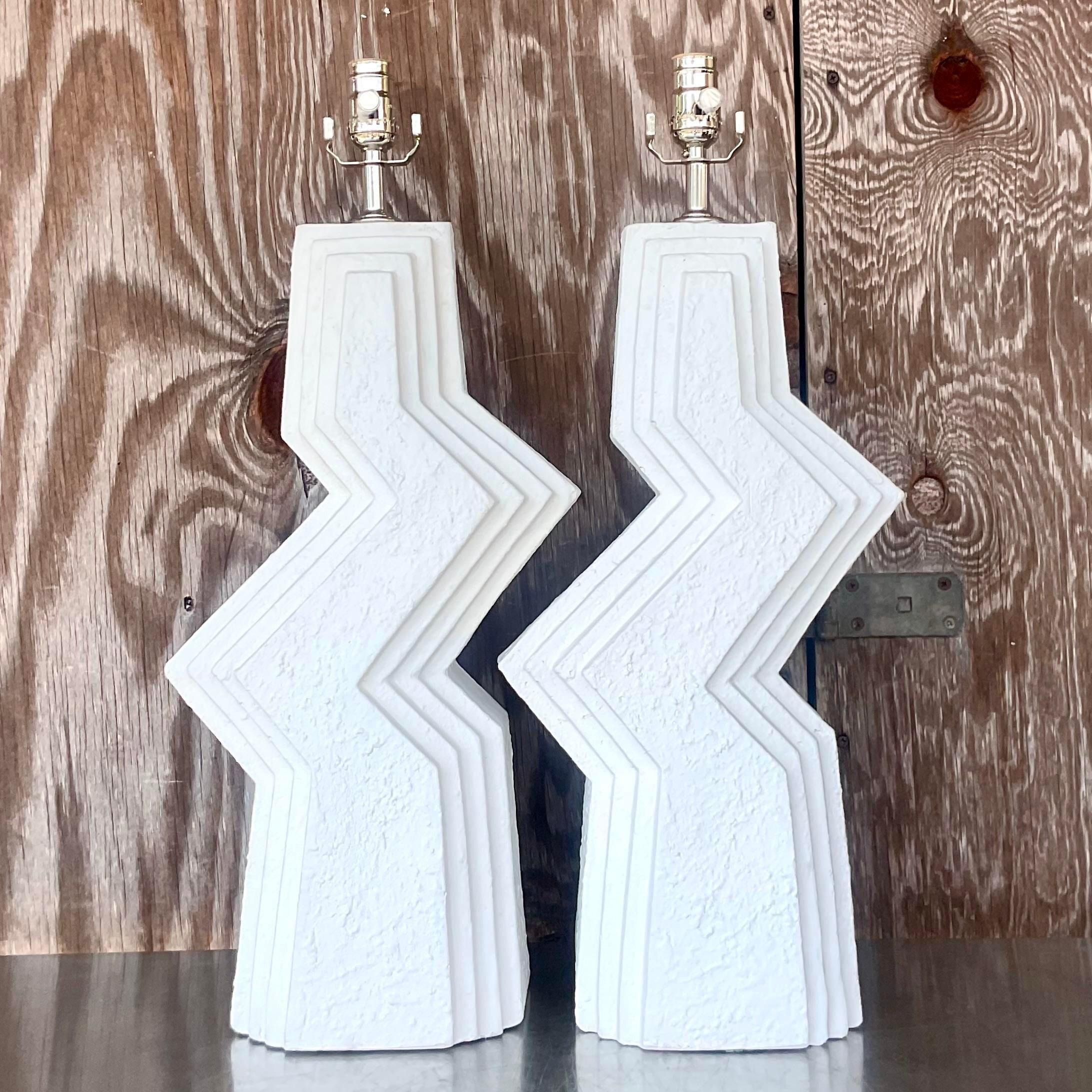 Late 20th Century Vintage Boho Plaster Zig Zag Lamps, a Pair