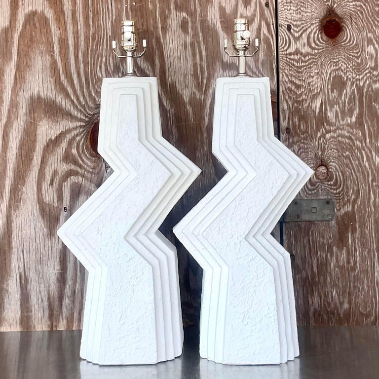 Vintage Boho Plaster Zig Zag Lamps, a Pair For Sale at 1stDibs