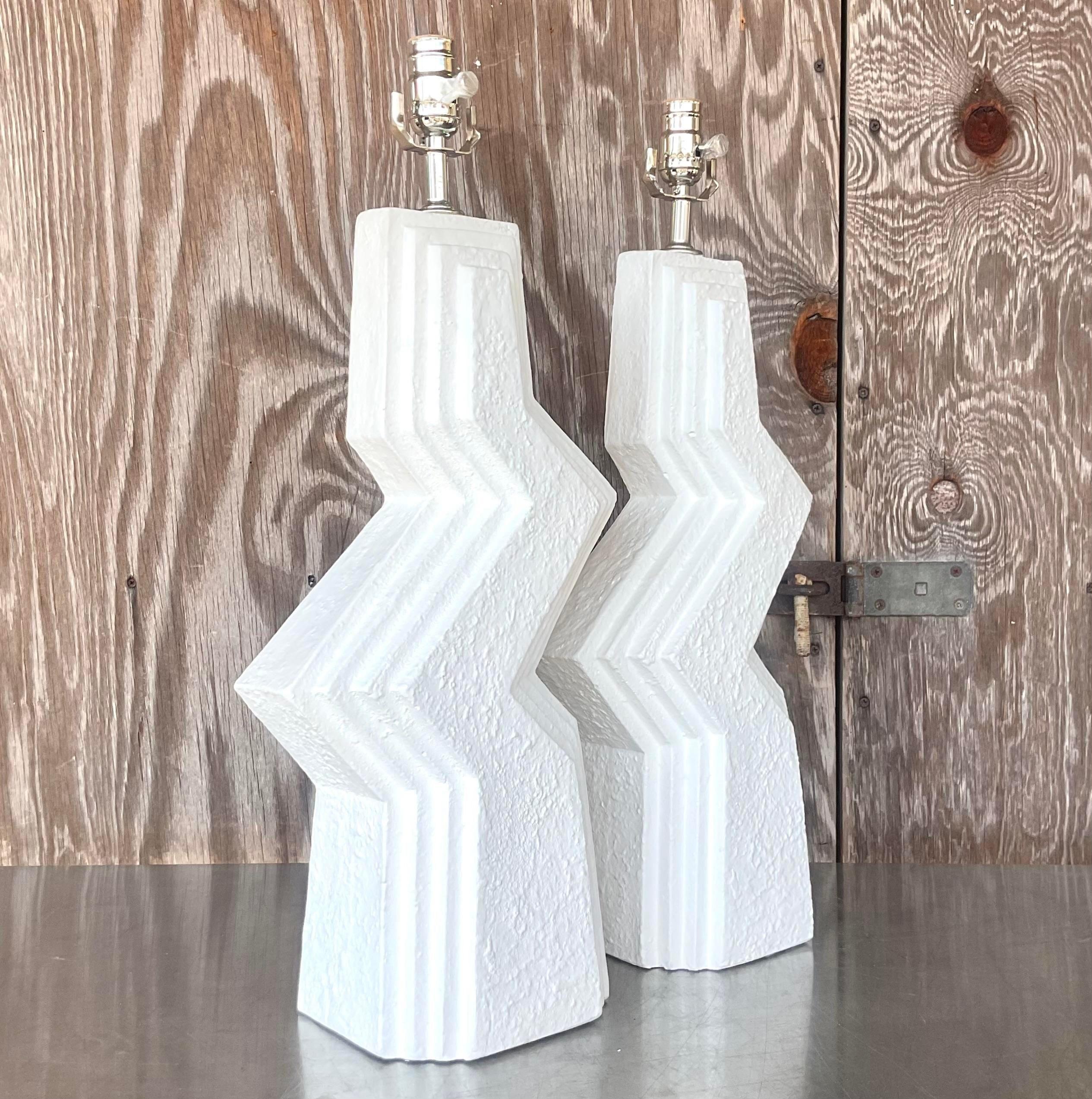 Vintage Boho Plaster Zig Zag Lamps, a Pair 1