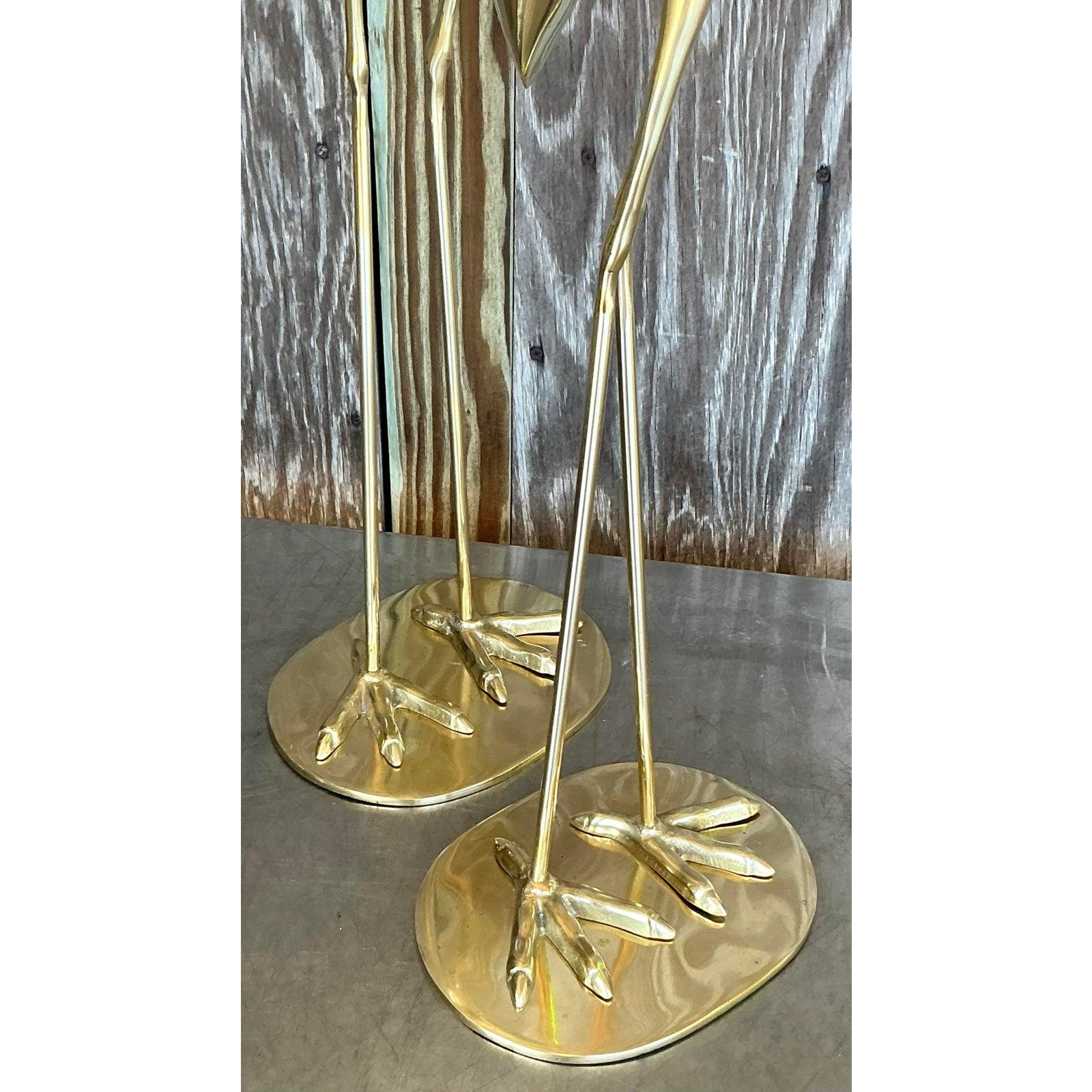 Vintage Boho Polished Brass Cranes- A Pair For Sale at 1stDibs