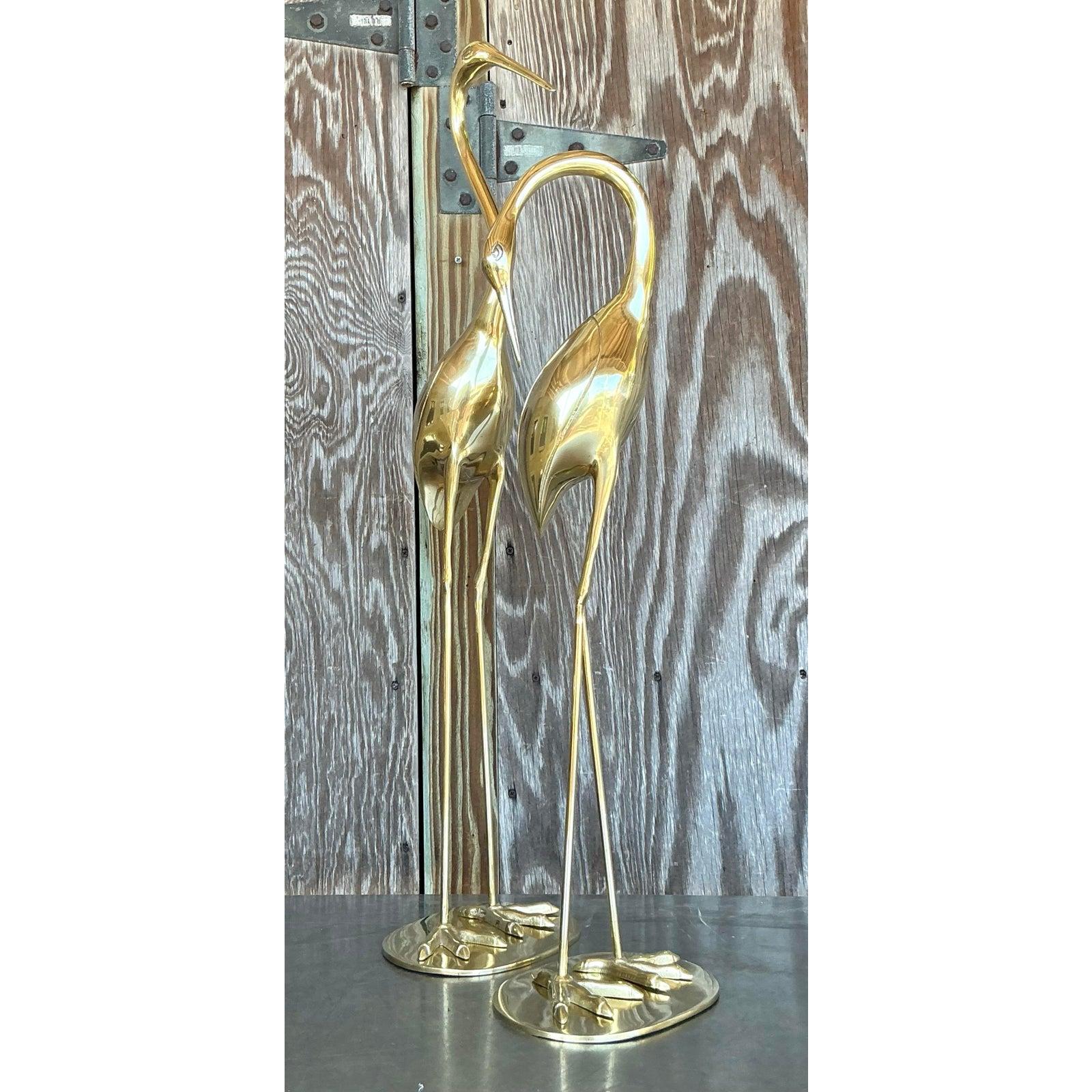 Vintage Boho Polished Brass Cranes- A Pair For Sale at 1stDibs